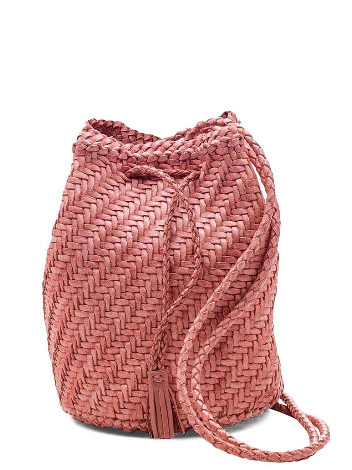 Dragon Diffusion Pompom Doublej Woven Leather Basket Bag In Pastel Pink