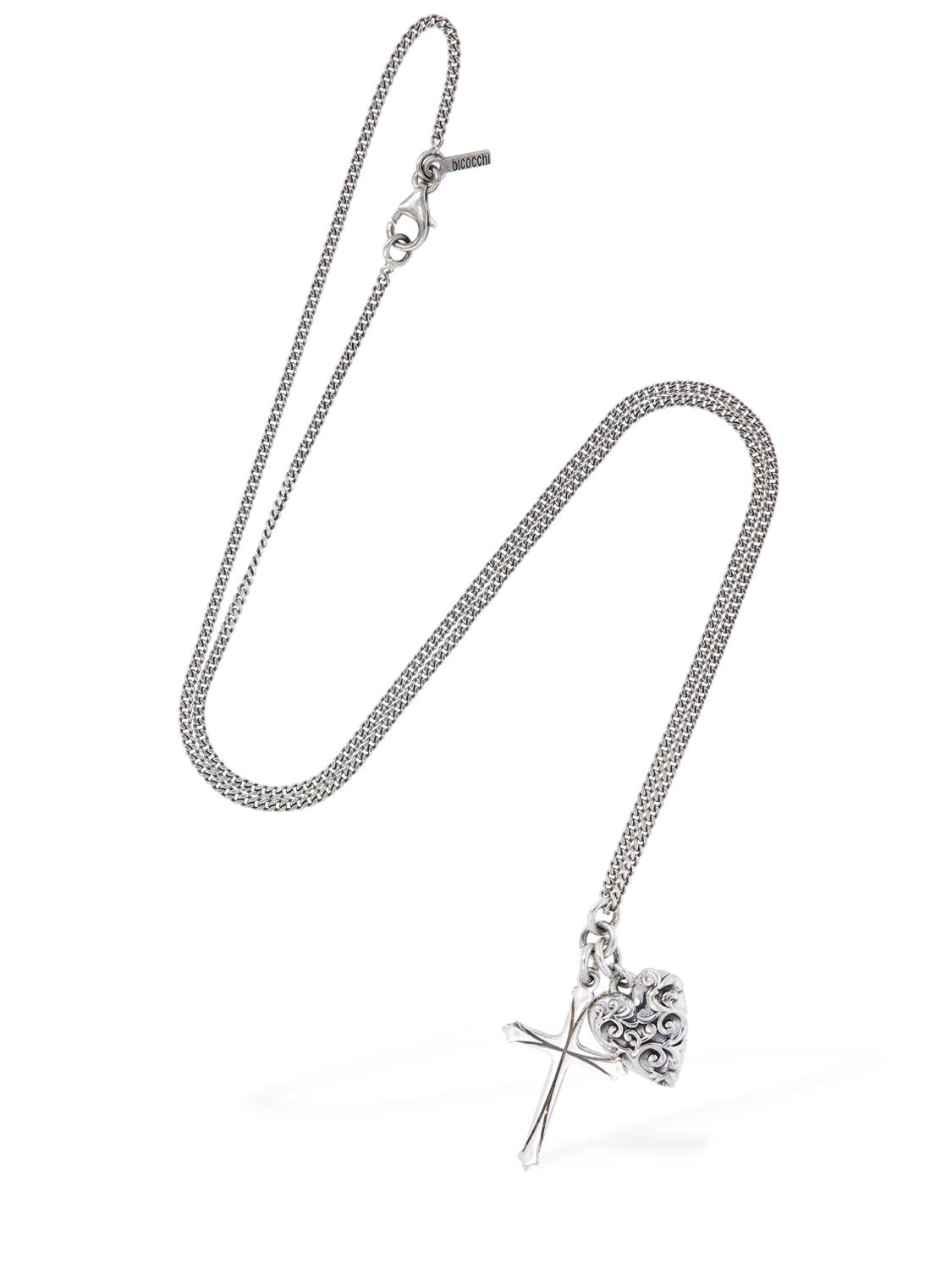 Shop Emanuele Bicocchi Cross & Arabesque Heart Charm Necklace In Silver