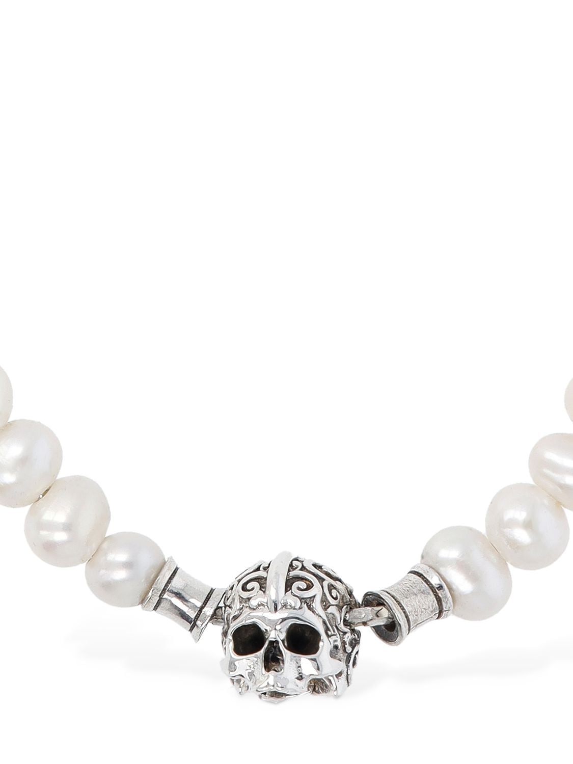Shop Emanuele Bicocchi Small Pearl Necklace W/ Arabesque Skull In Weiss,silber