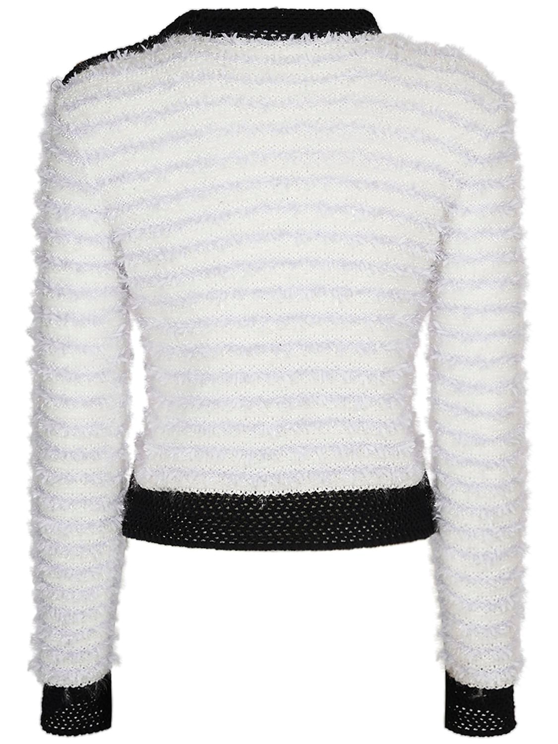 Shop Balmain Cropped Tweed Sweater In White,black