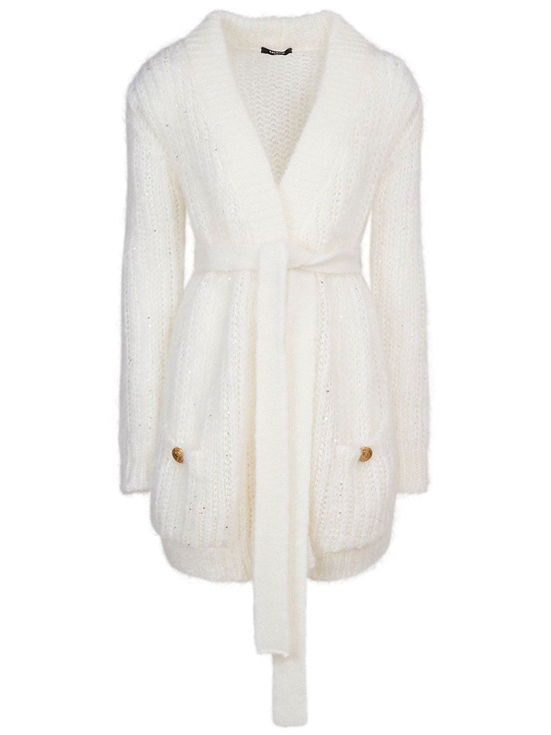 BALMAIN SEQUINED MOHAIR BELTED CARDIGAN