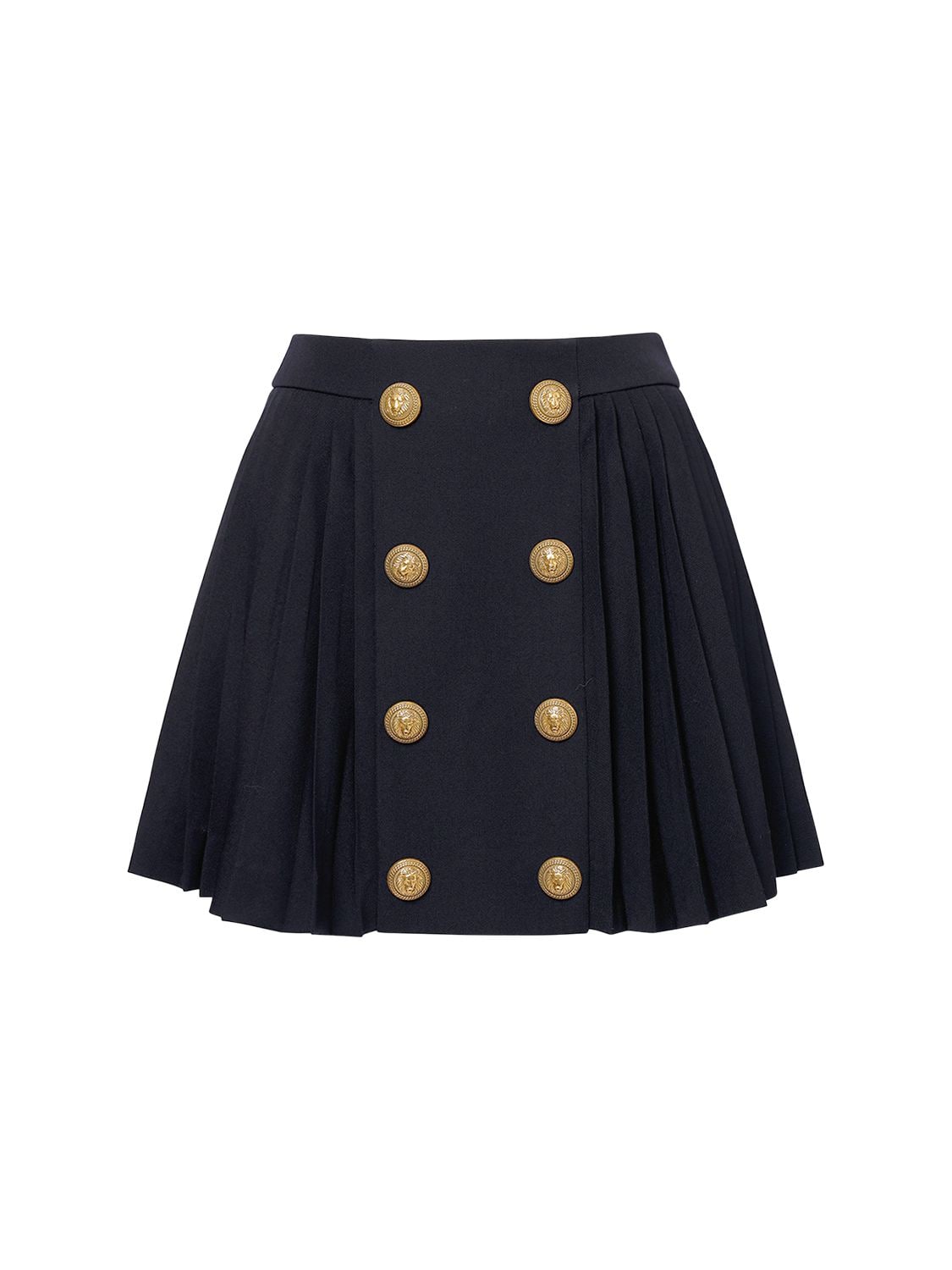 Shop Balmain Pleated Wool Crepe Mini Skirt In Navy