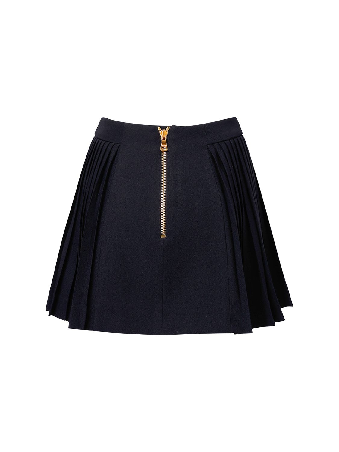 Shop Balmain Pleated Wool Crepe Mini Skirt In Navy