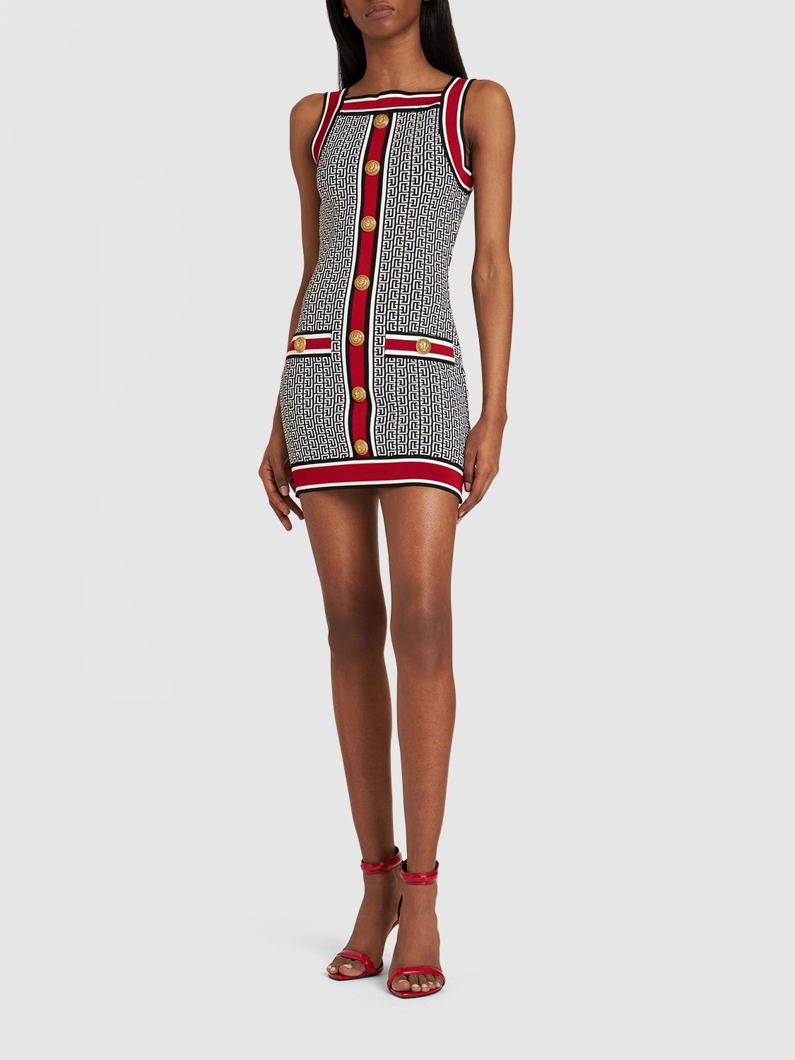 Shop Balmain Monogram Knit Viscose Mini Dress In Multicolor