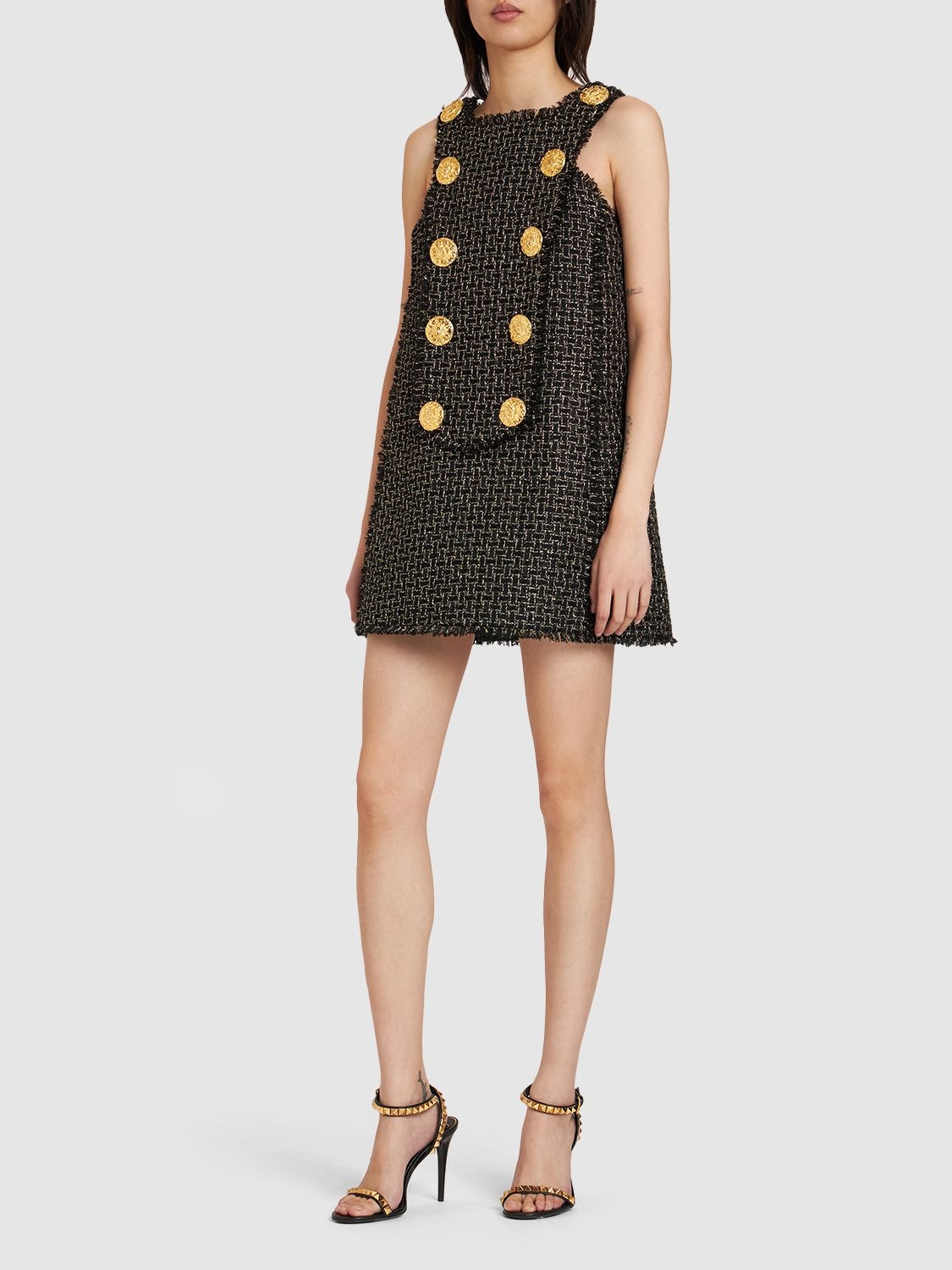 Shop Balmain Tweed Lurex Mini Dress In Black,gold