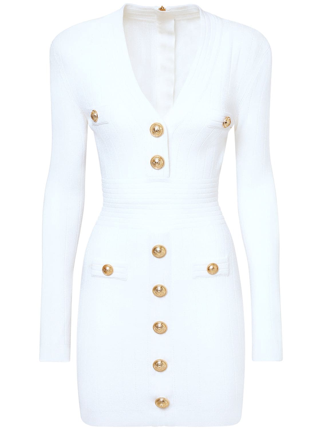Shop Balmain Long Sleeved Viscose Knit Mini Dress In White