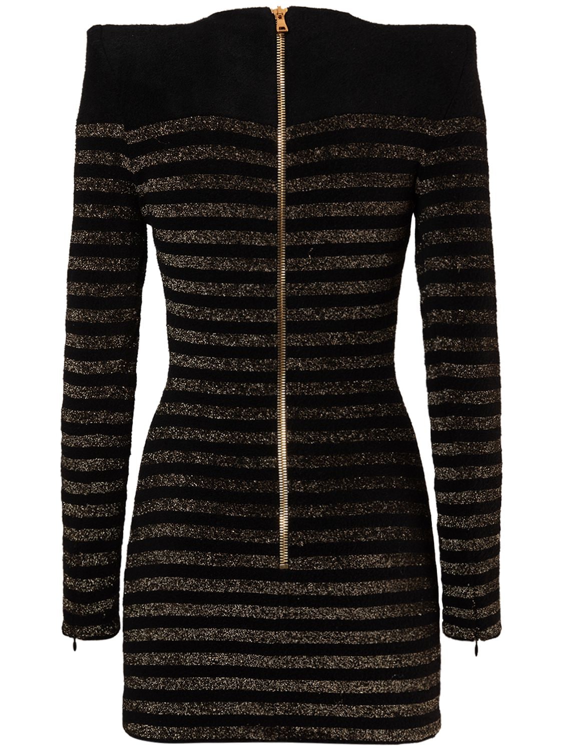 Shop Balmain Striped Lurex Knit Mini Dress In Black,gold