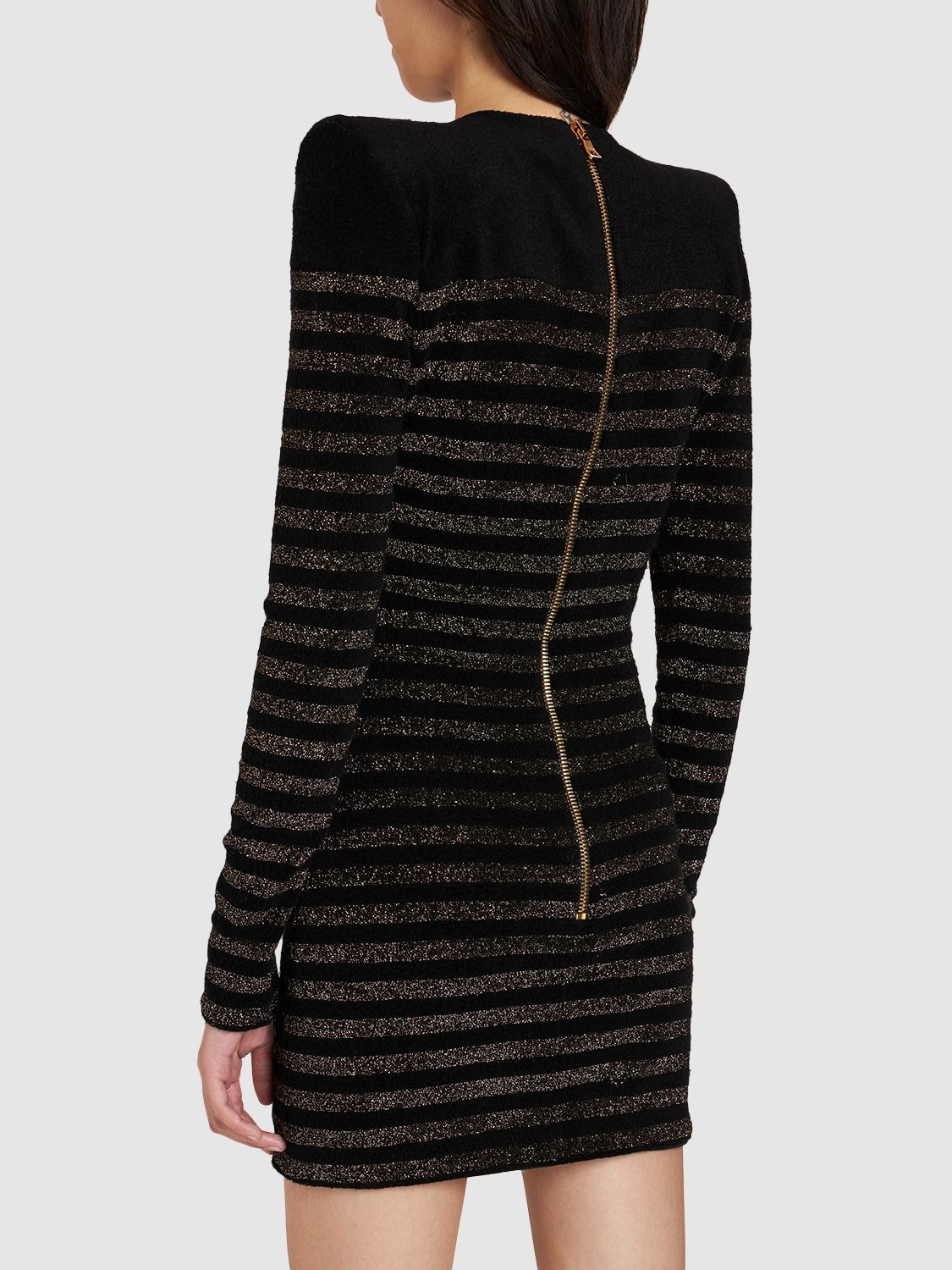 Shop Balmain Striped Lurex Knit Mini Dress In Black,gold