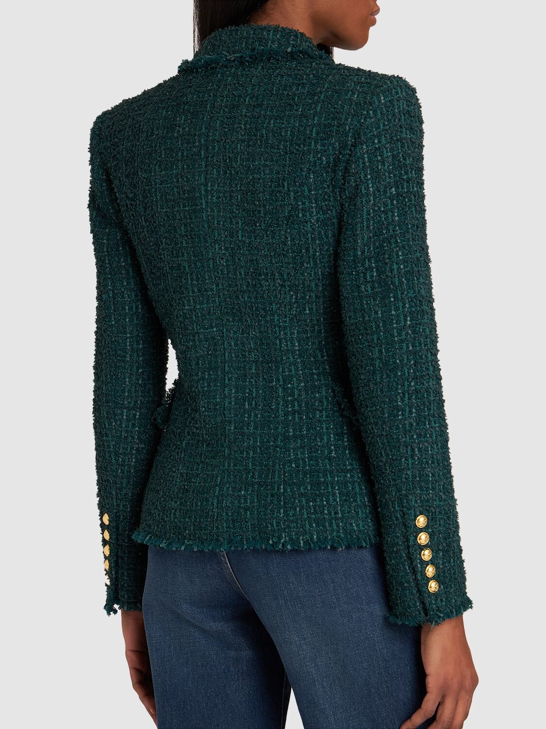 Shop Balmain Double Breasted Tweed Jacket In Green