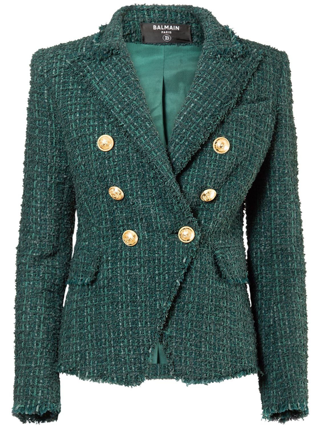 Shop Balmain Double Breasted Tweed Jacket In Green