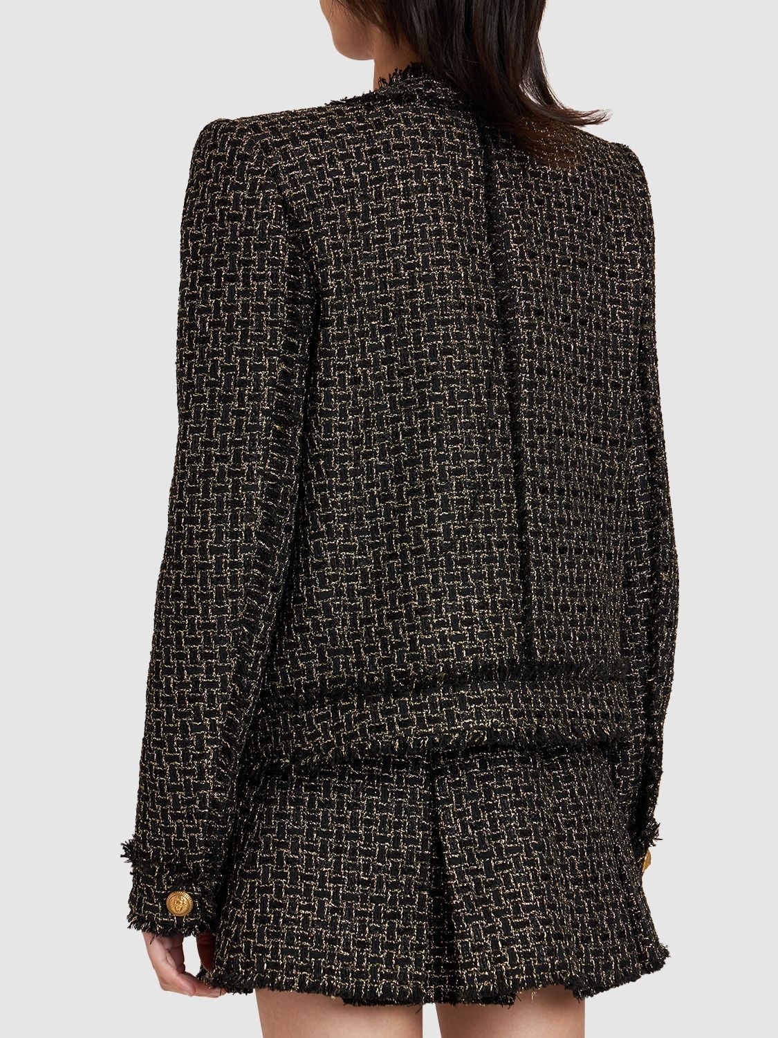 Shop Balmain Lurex Tweed Collarless Jacket In Black,gold