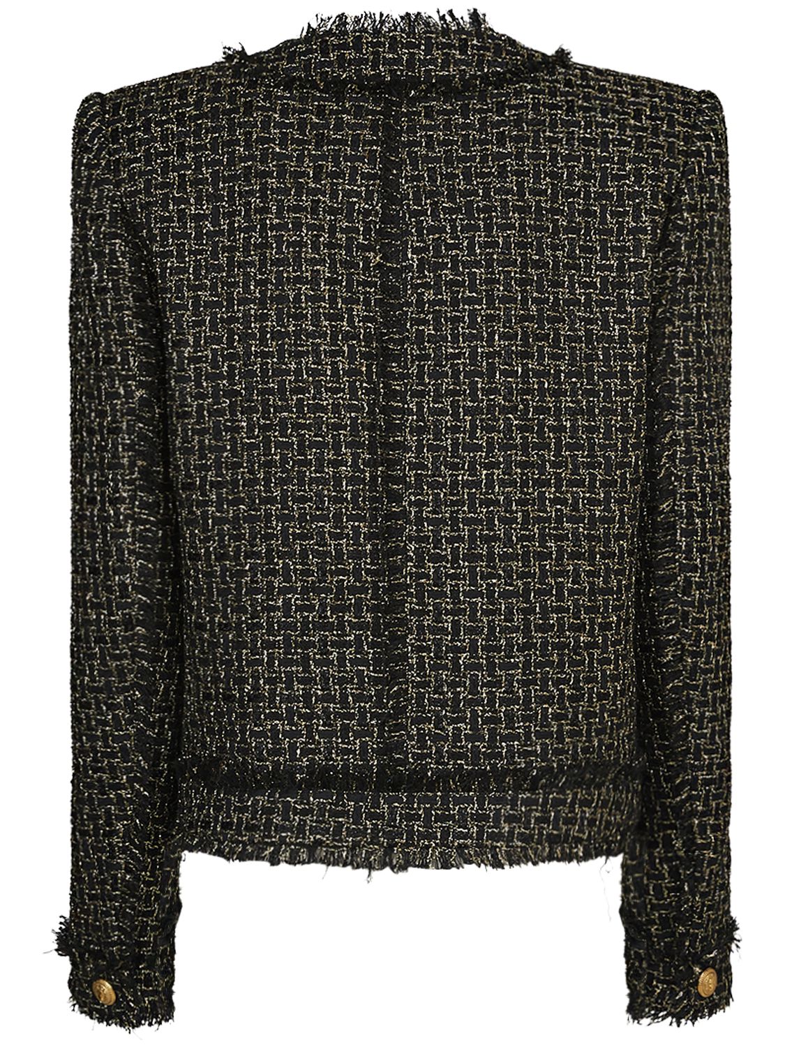 Shop Balmain Lurex Tweed Collarless Jacket In Black,gold