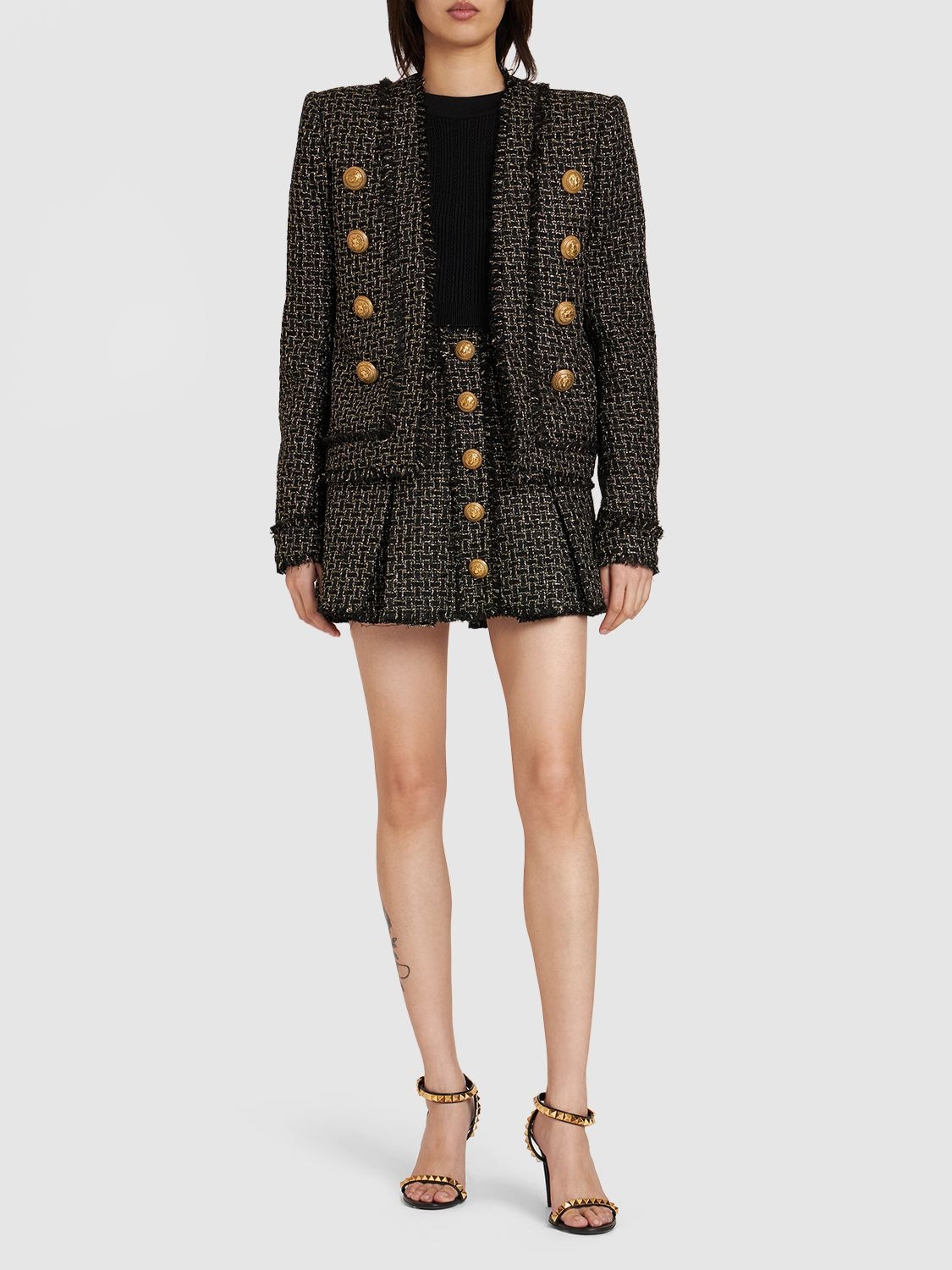 Shop Balmain Pleated Lurex Tweed Mini Skirt In Black,gold