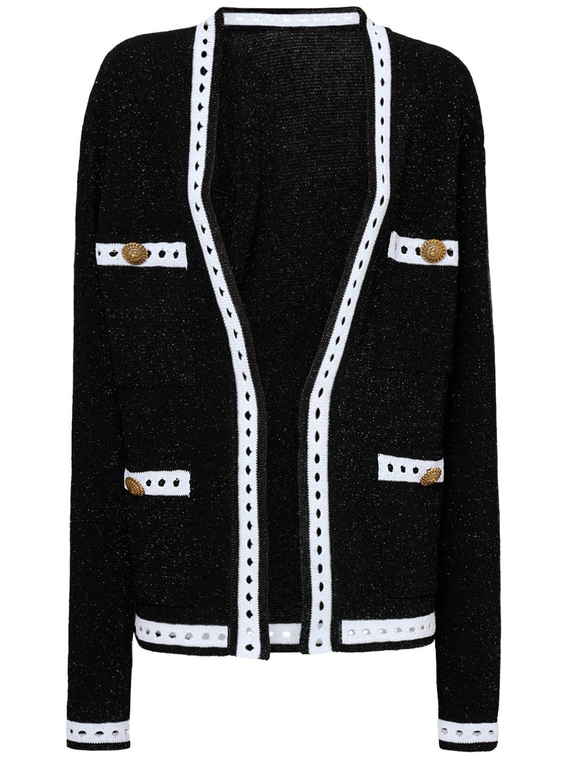 Balmain Wool Blend Knit Cardigan In Black,white