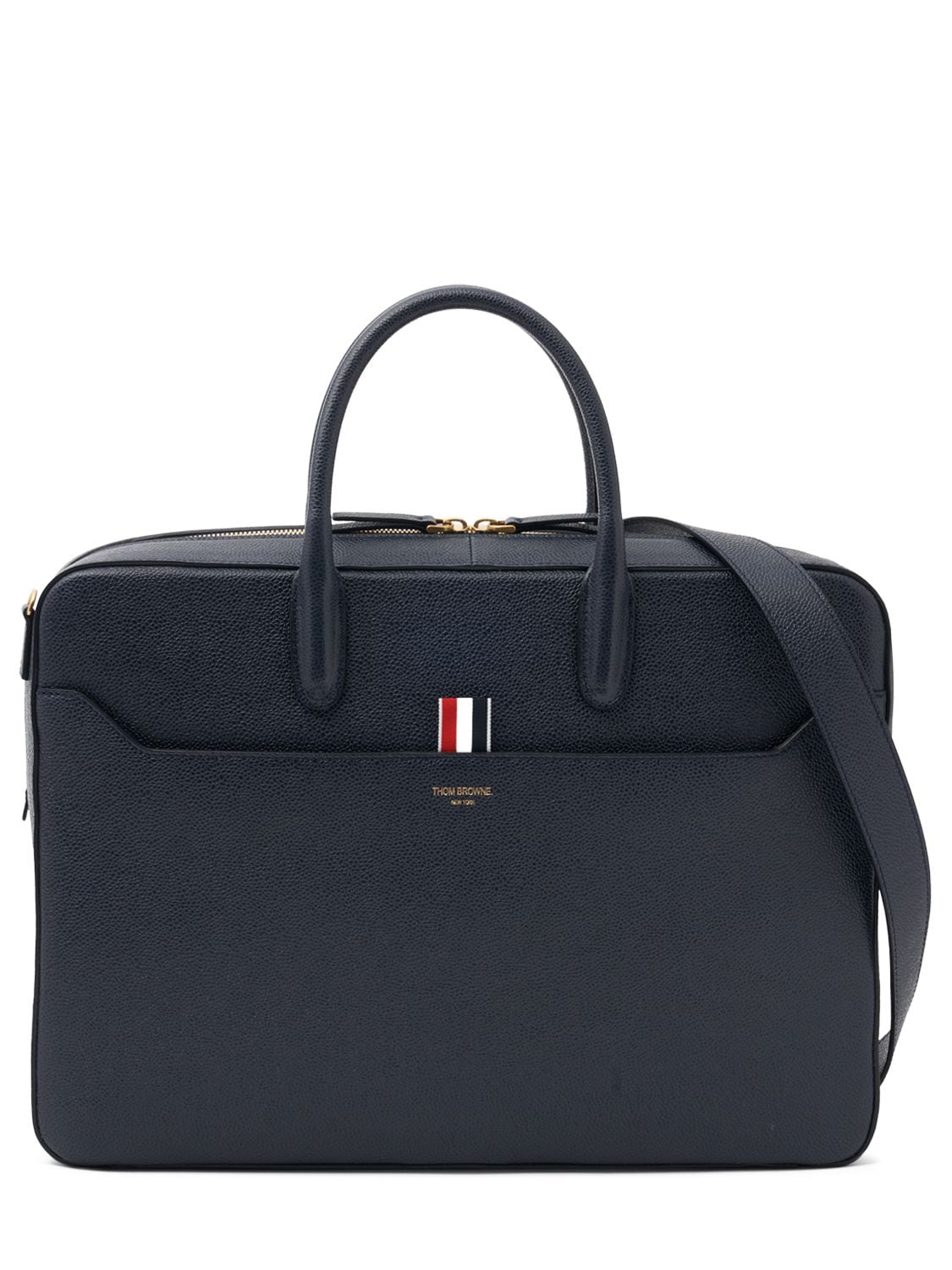 Thom Browne Leather Business Bag W/ Shoulder Strap In Navy