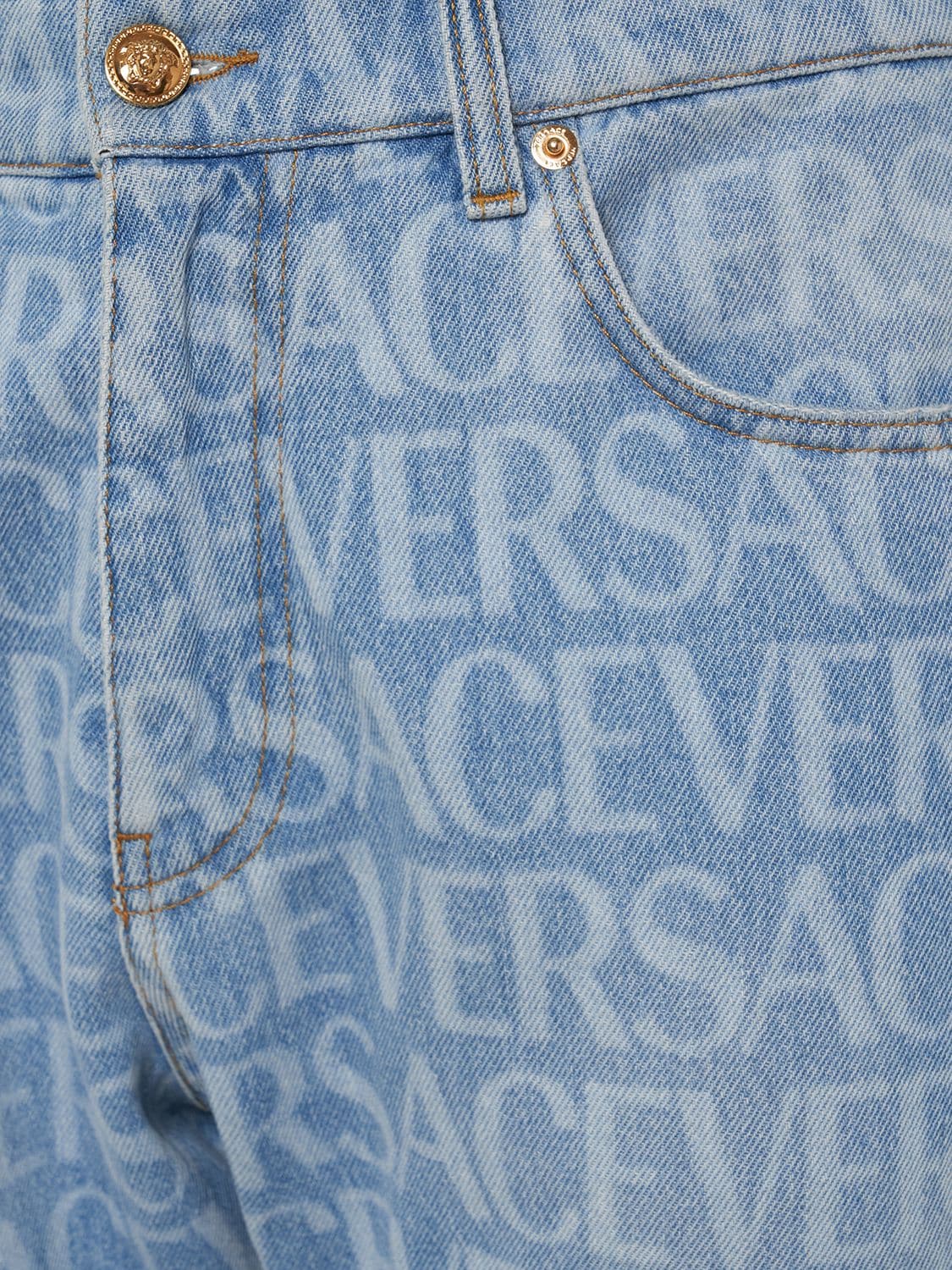 Shop Versace Monogram Cotton Denim Jeans In Light Blue