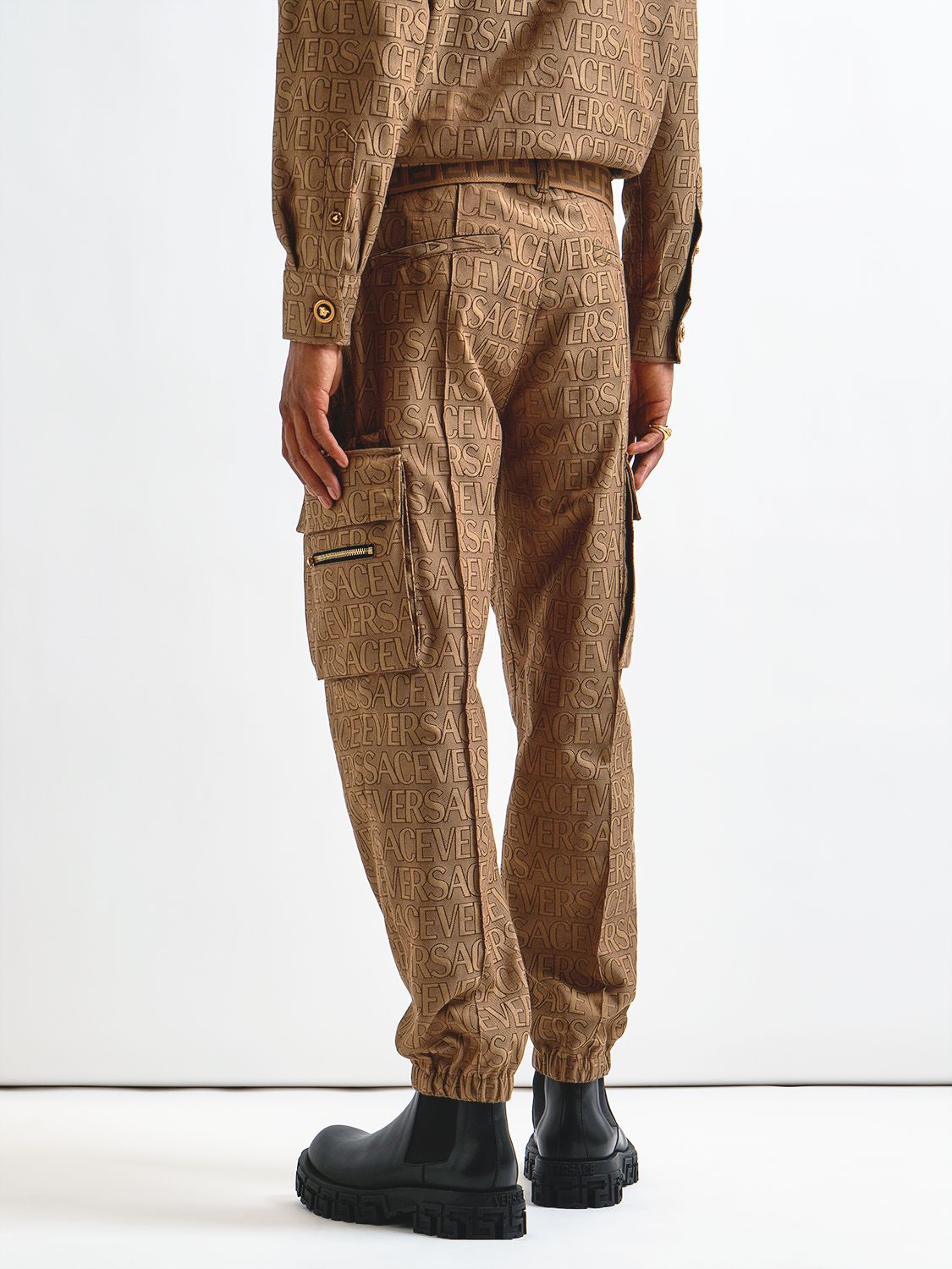 Shop Versace Monogram Cotton Blend Cargo Pants In Brown