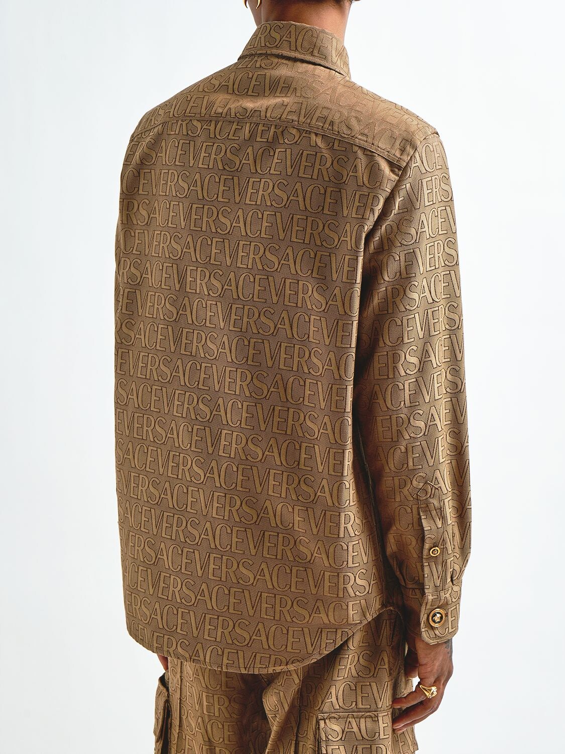 Shop Versace Monogram Cotton Blend Canvas Overshirt In Brown
