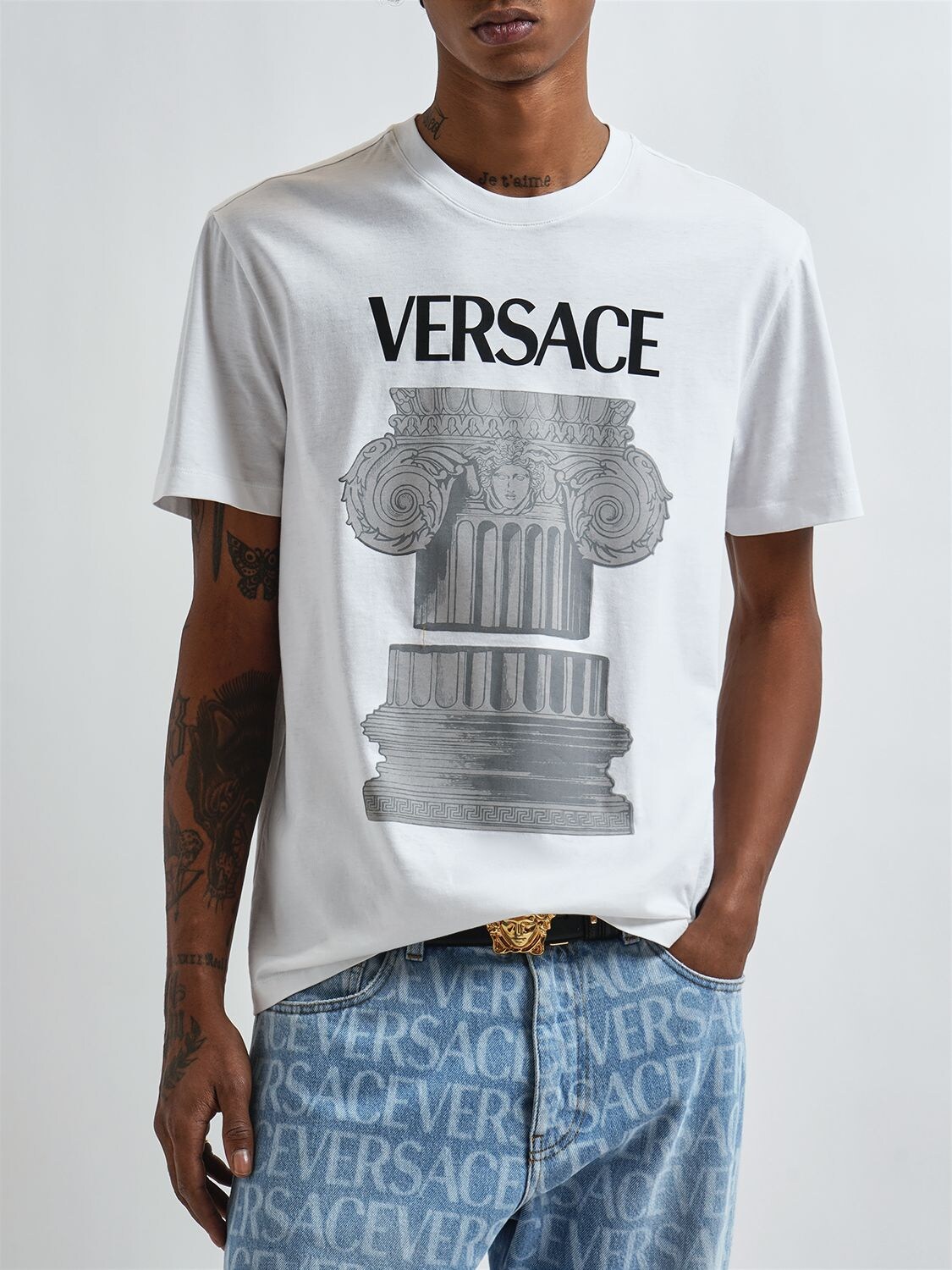 Shop Versace Logo Printed Cotton Jersey T-shirt In Optic White