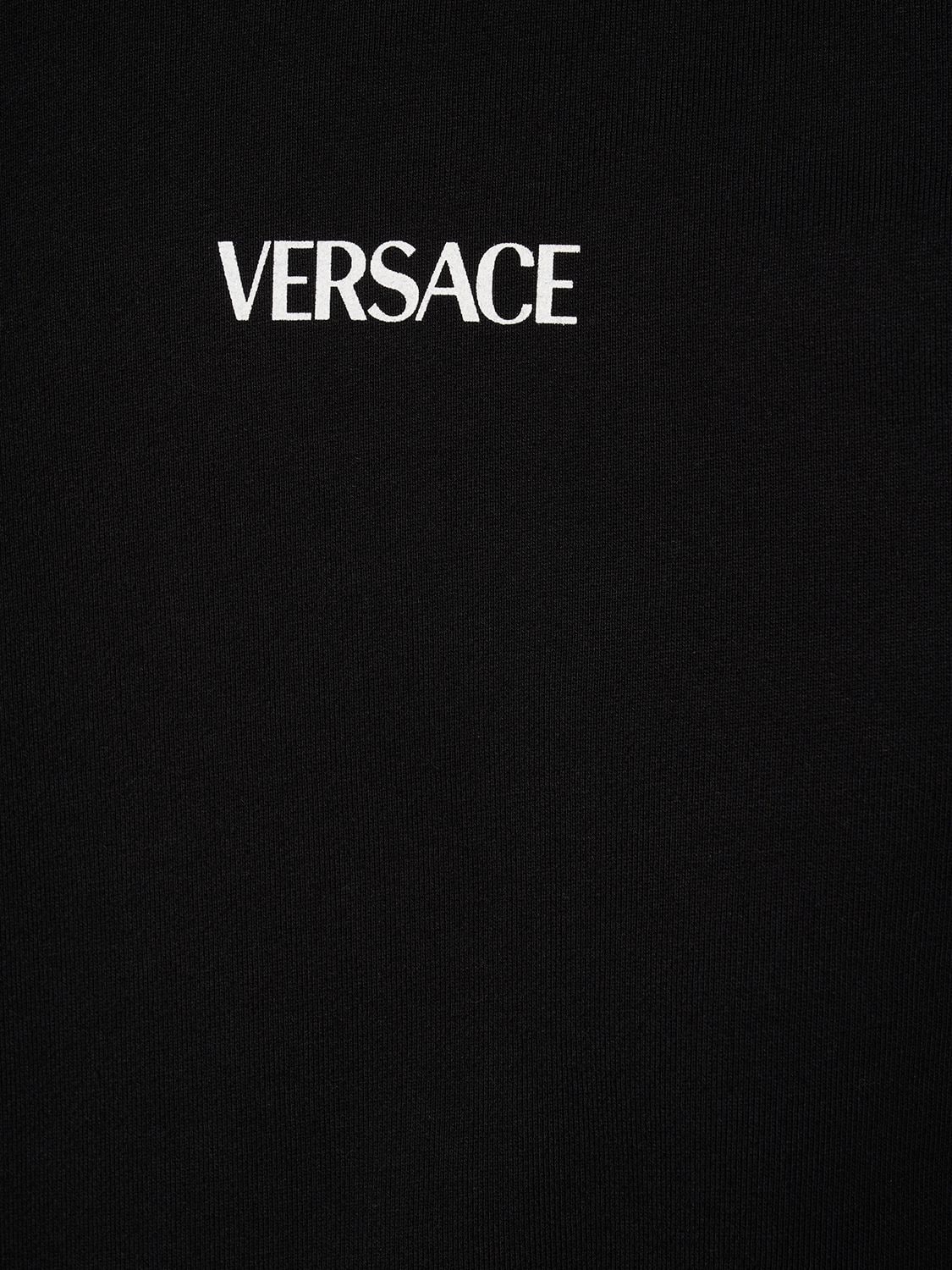 Shop Versace Logo Printed Cotton Zip Hoodie In Black