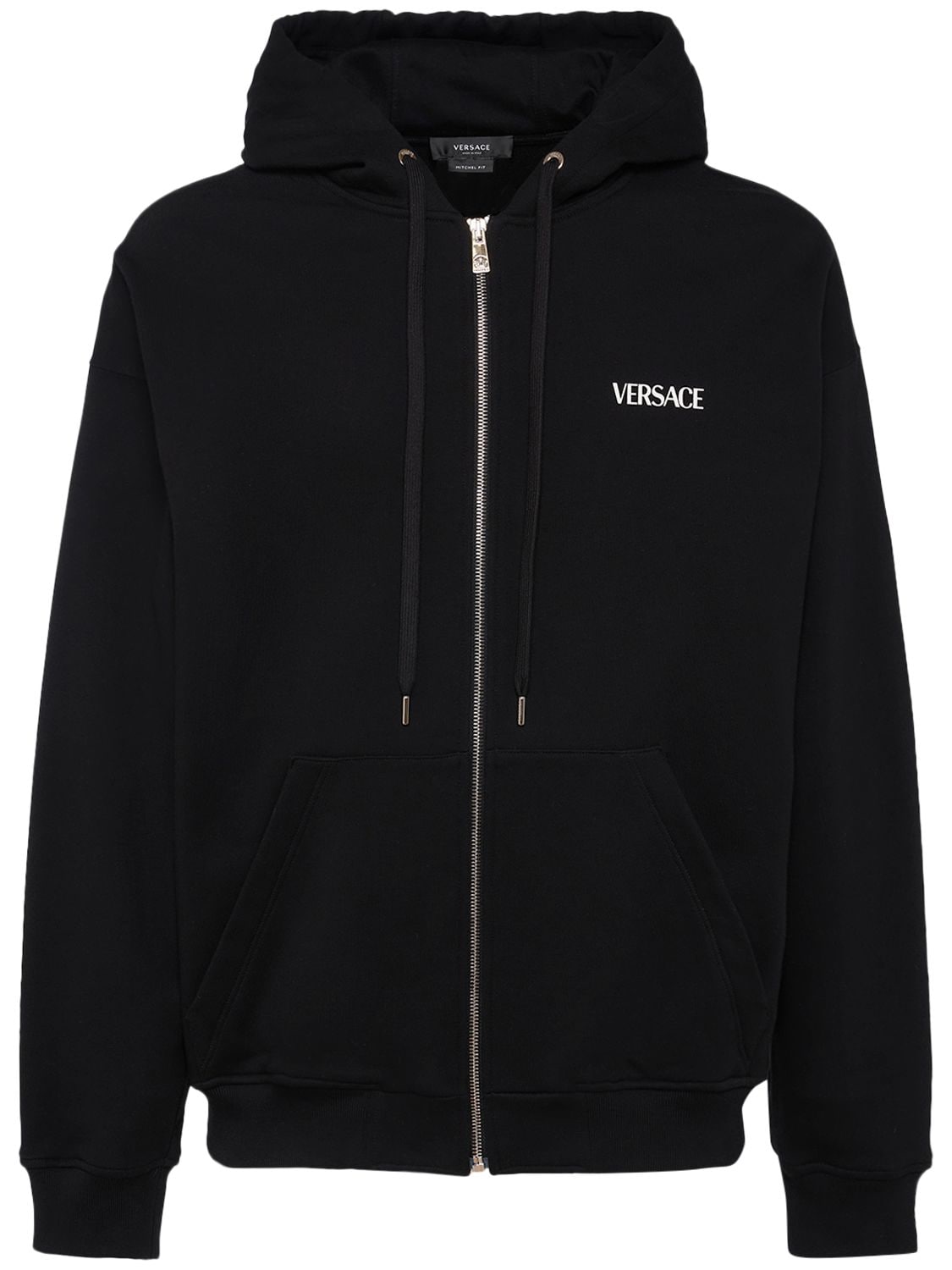 Shop Versace Logo Printed Cotton Zip Hoodie In Black
