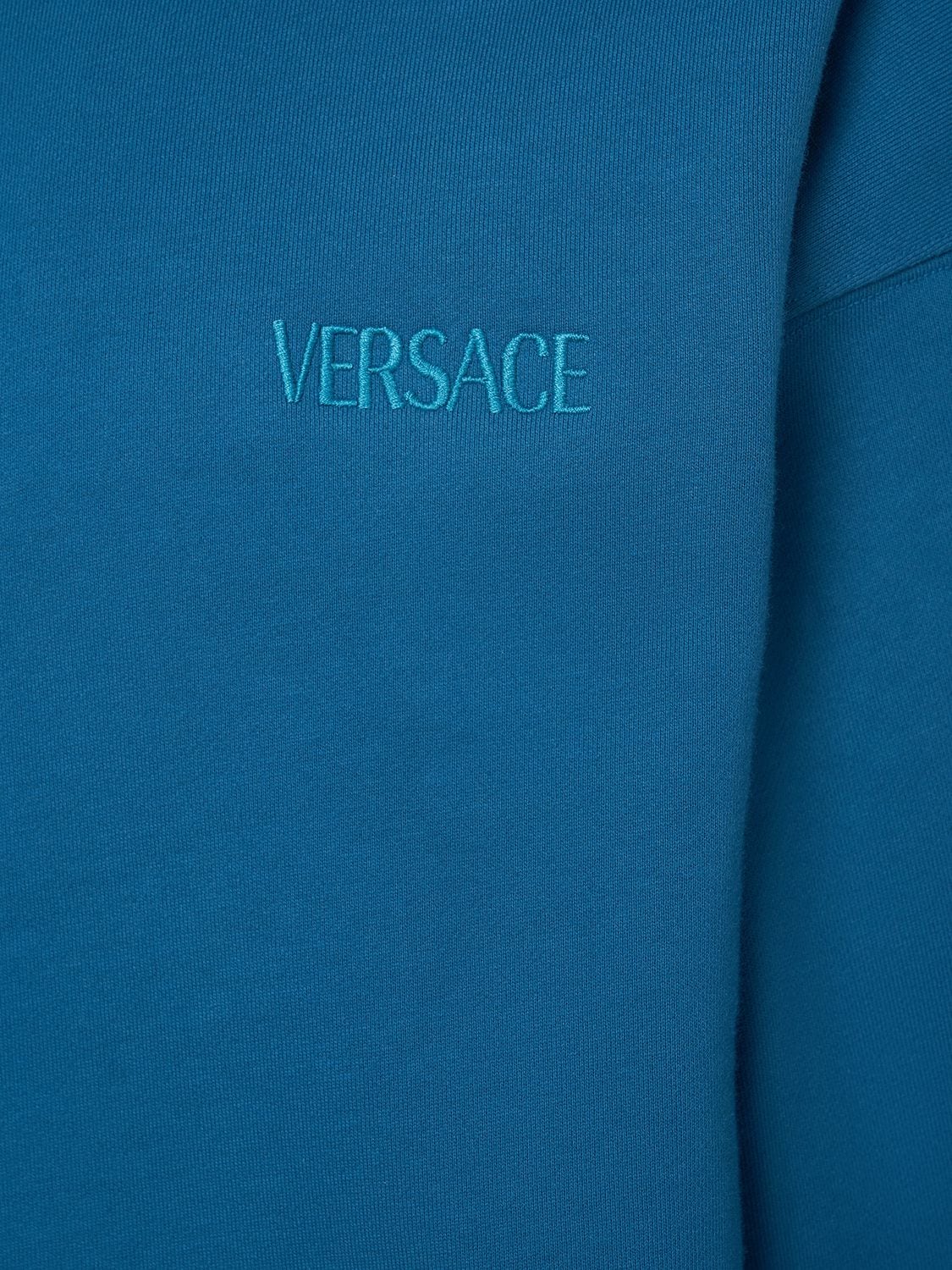 Shop Versace Logo Cotton Hoodie In Dark Teal