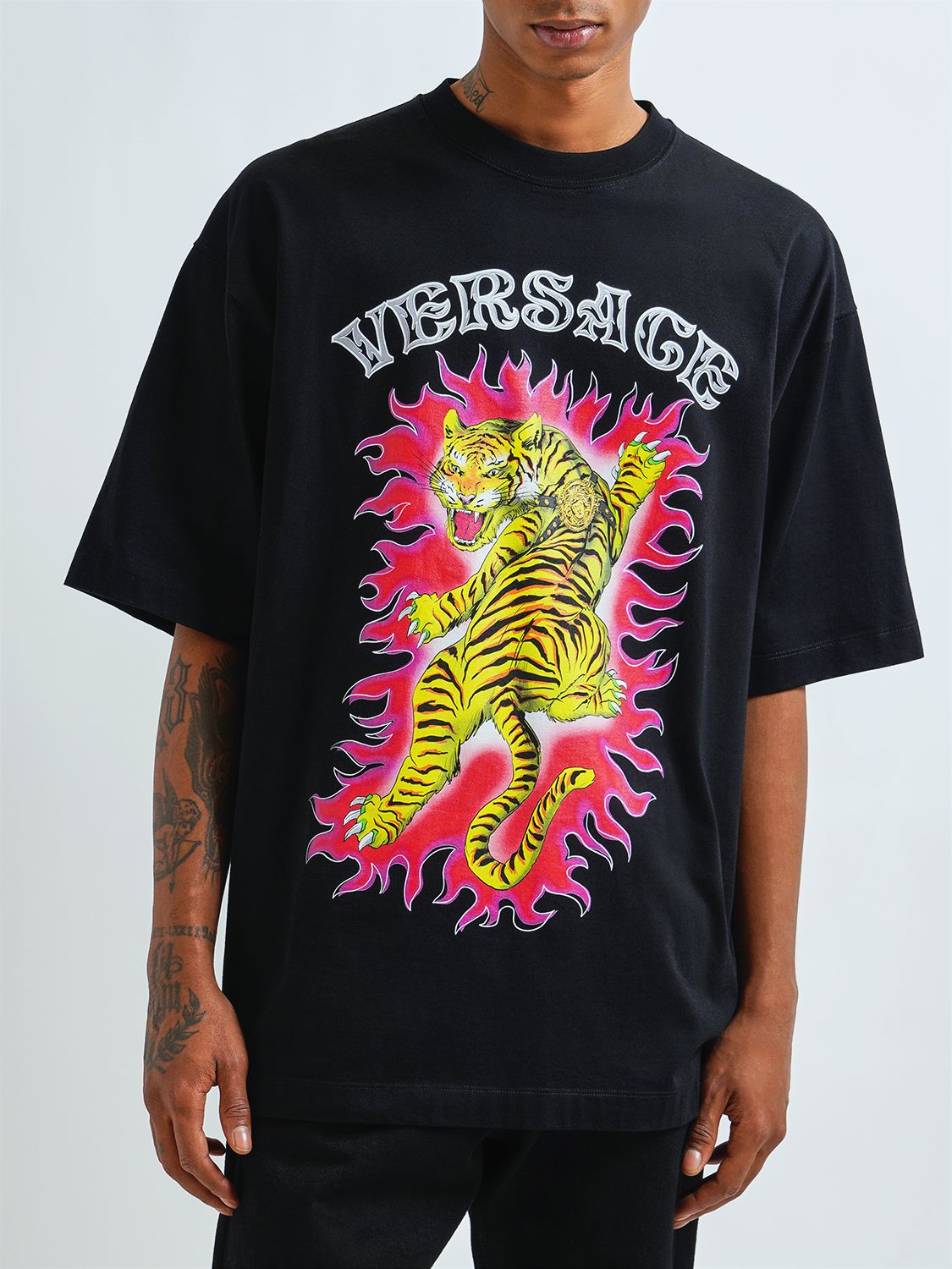Shop Versace Printed Cotton Jersey T-shirt In Black
