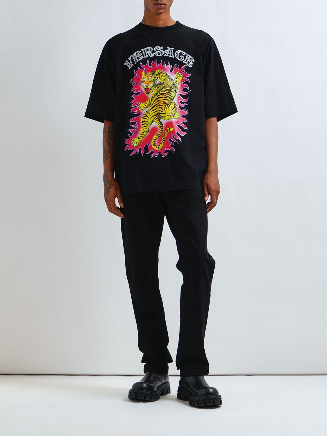 Shop Versace Printed Cotton Jersey T-shirt In Black