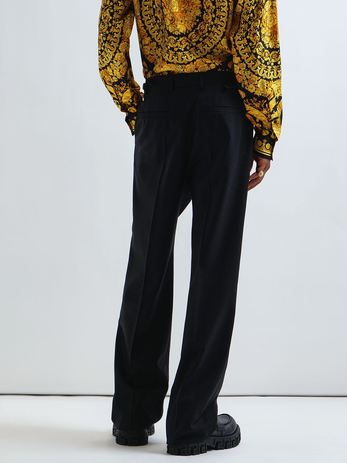 Shop Versace Formal Wool Canvas Pants In Black