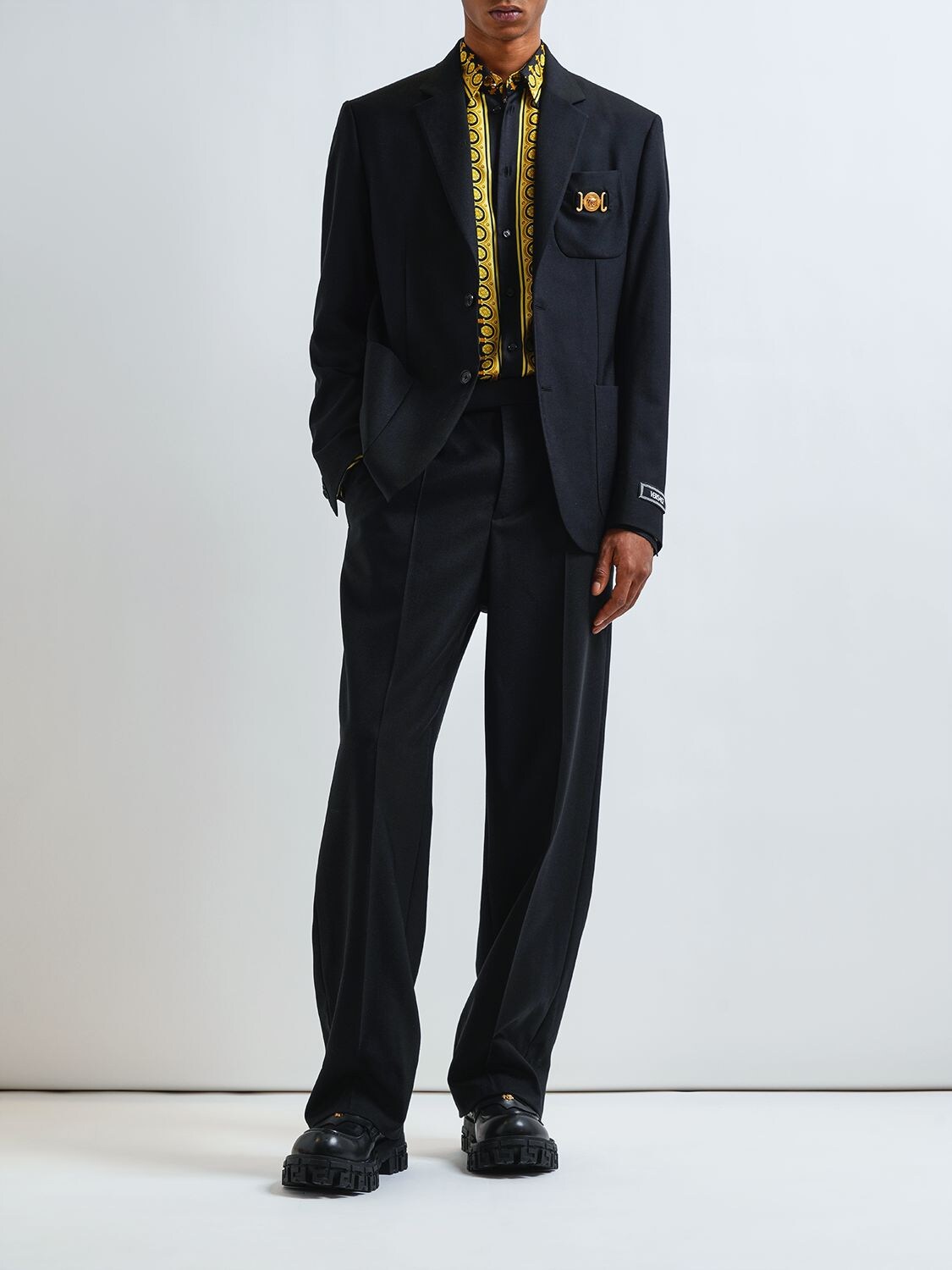 Shop Versace Formal Wool Canvas Pants In Black