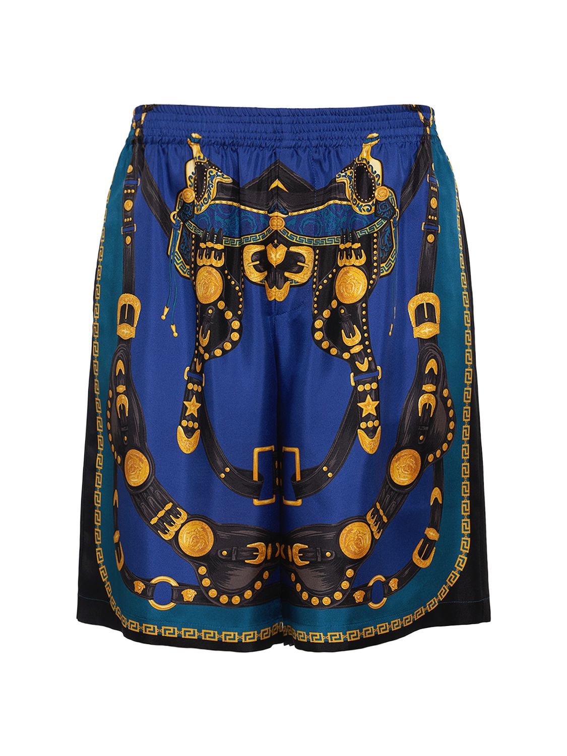 Shop Versace Printed Silk Twill Shorts In Navy