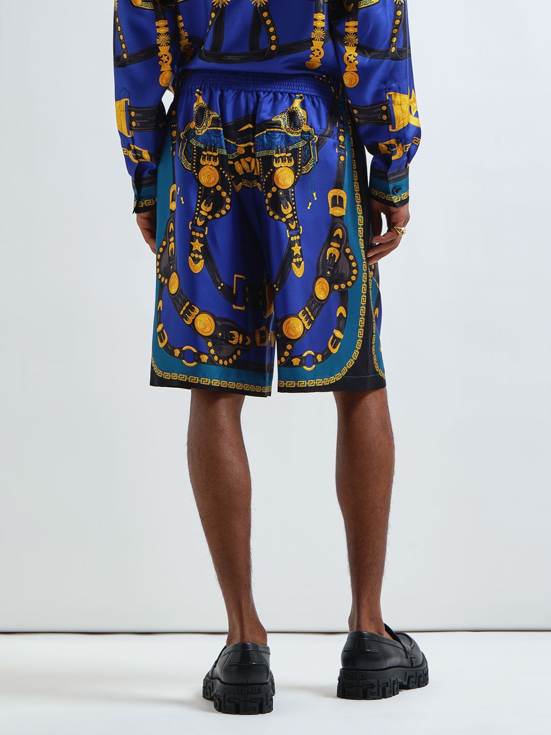 Shop Versace Printed Silk Twill Shorts In Navy