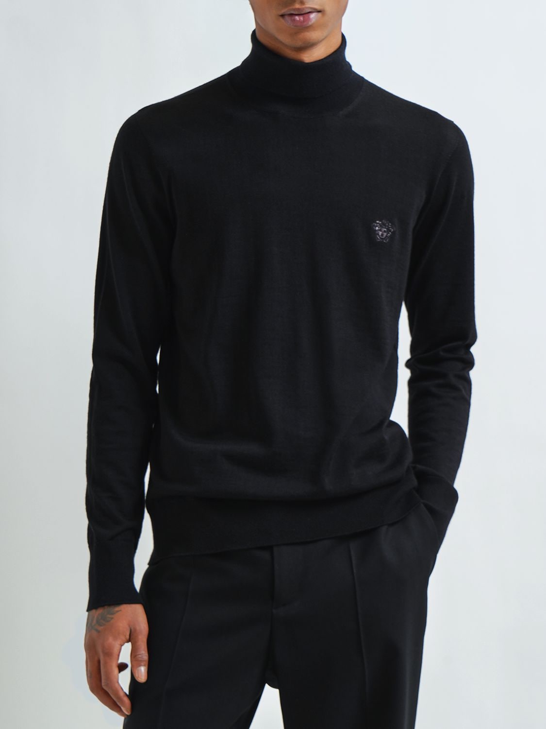 Shop Versace Logo Wool Blend Knit Turtleneck Sweater In Black