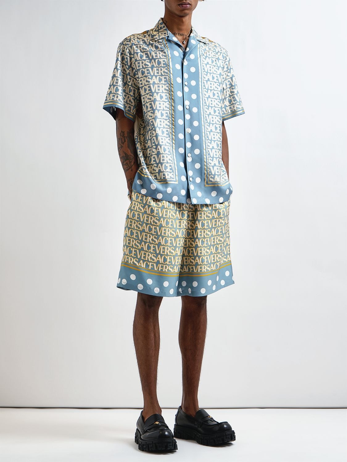 Shop Versace Printed Linen Shorts In Light Blue