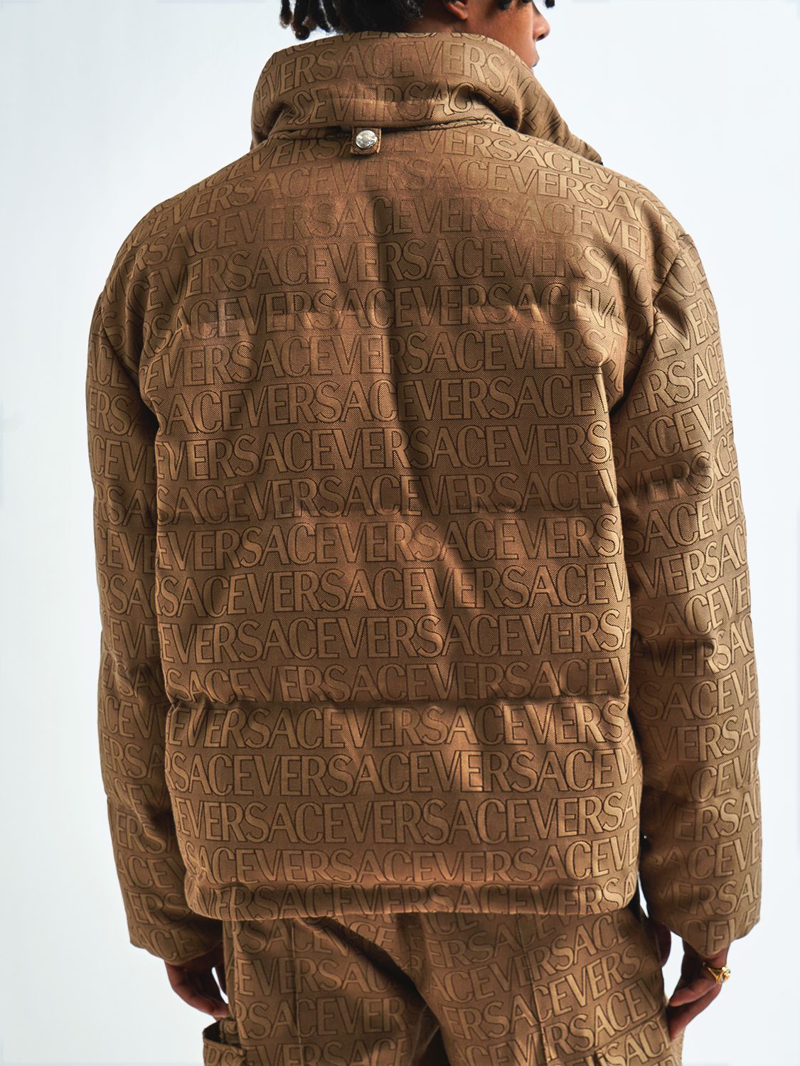 Shop Versace Monogram Cotton Blend Down Jacket In Brown