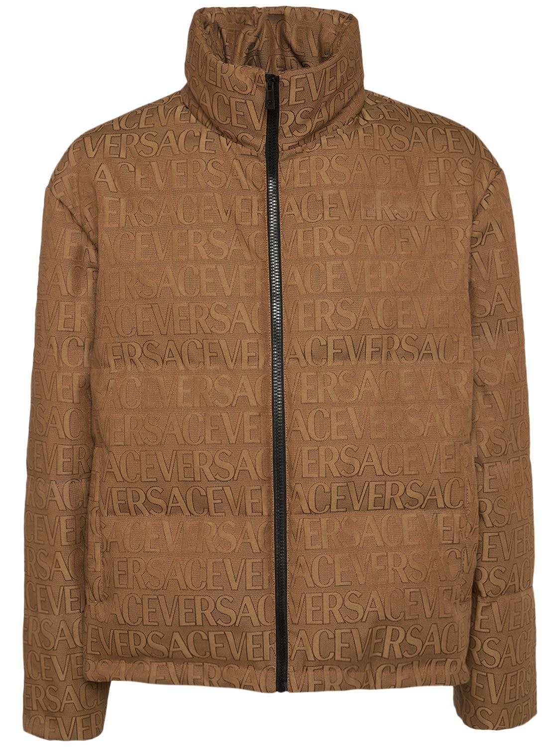 Versace Monogram Cotton Blend Down Jacket In Brown