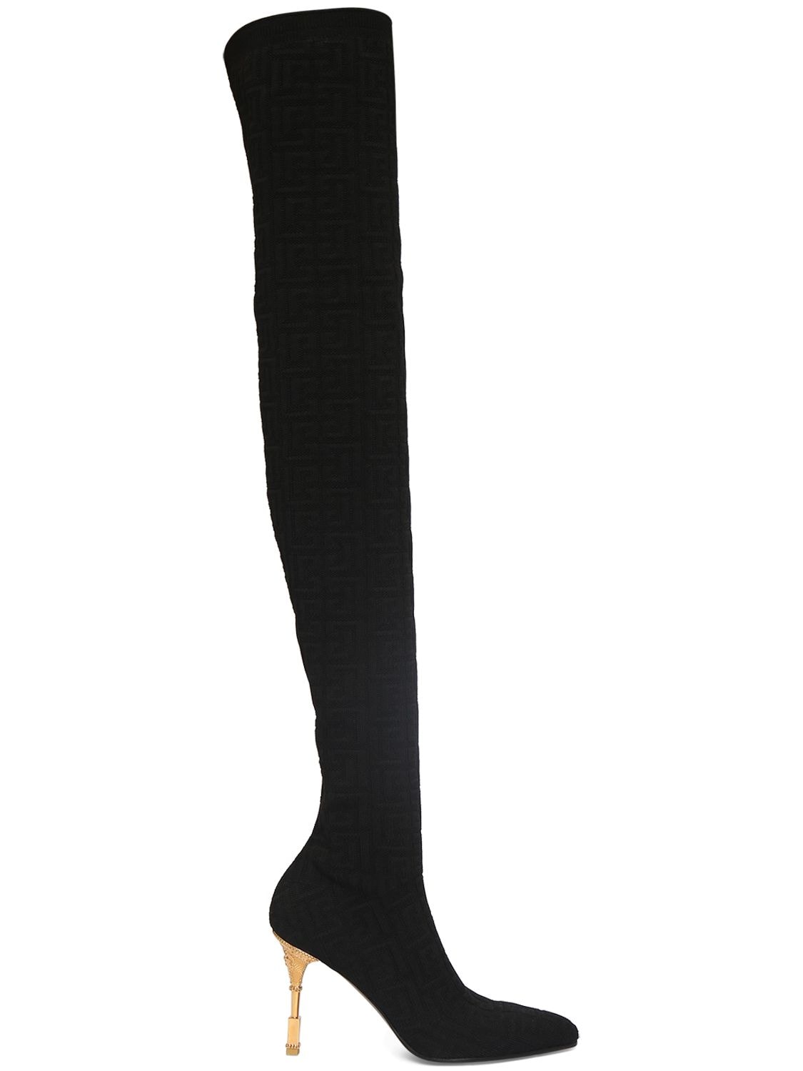 Shop Balmain 100mm Moneta Monogram Knit Boots In Black