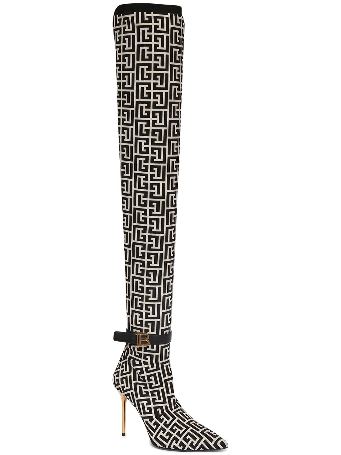 Shop Balmain 110mm Raven Monogram Knit Tall Boots In Black,ivory