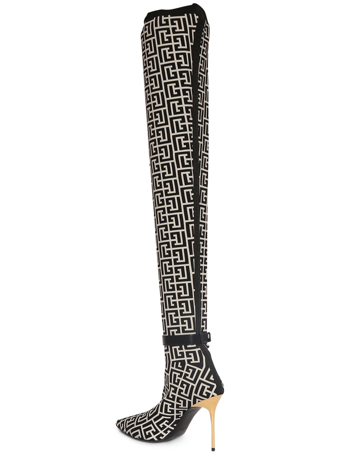 Shop Balmain 110mm Raven Monogram Knit Tall Boots In Black,ivory