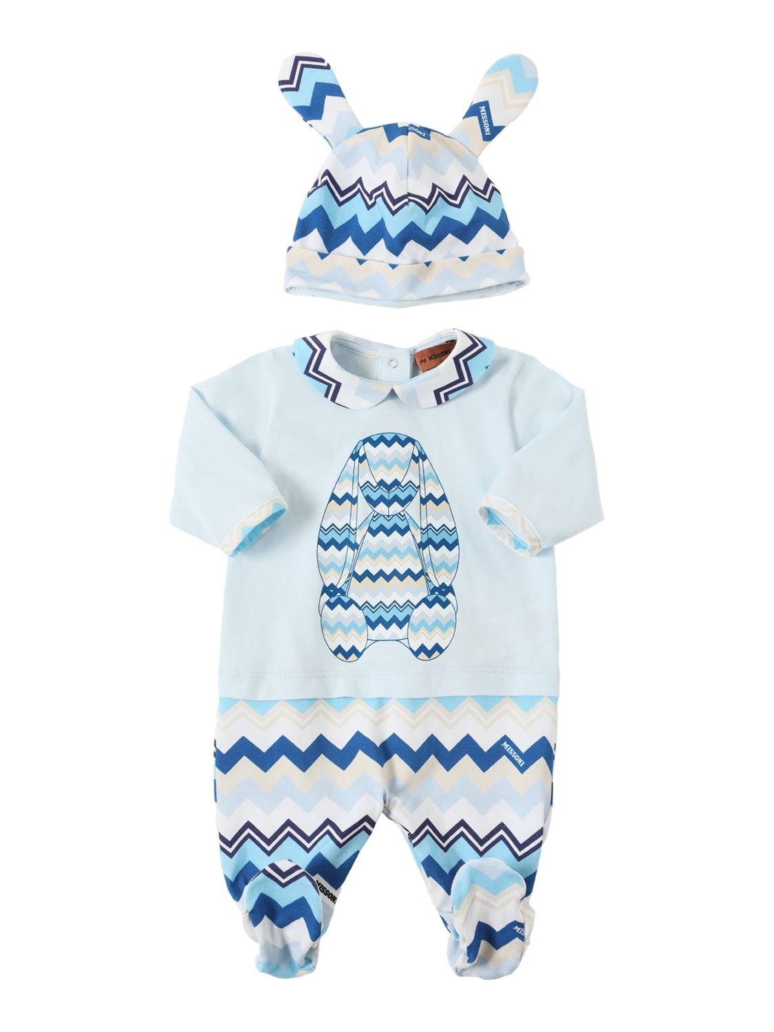 Missoni Babies' Printed Organic Cotton Romper & Hat In Lightblue,multi