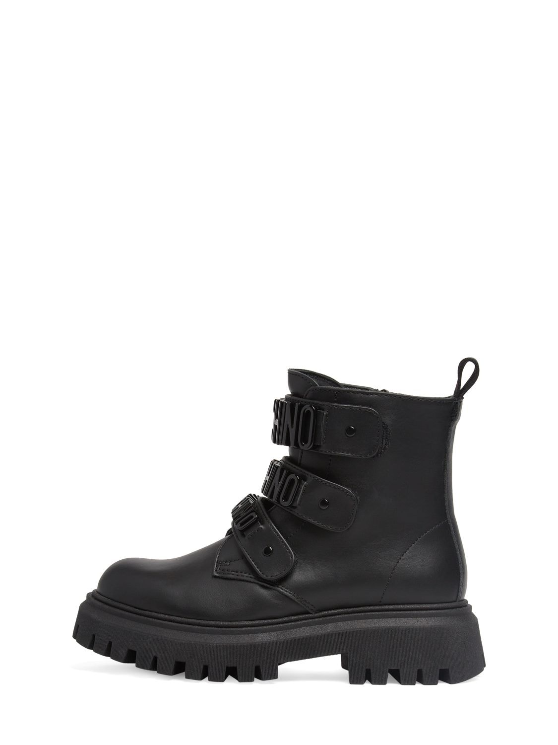 Moschino Kids' Leather Combat Boots W/logo In Black