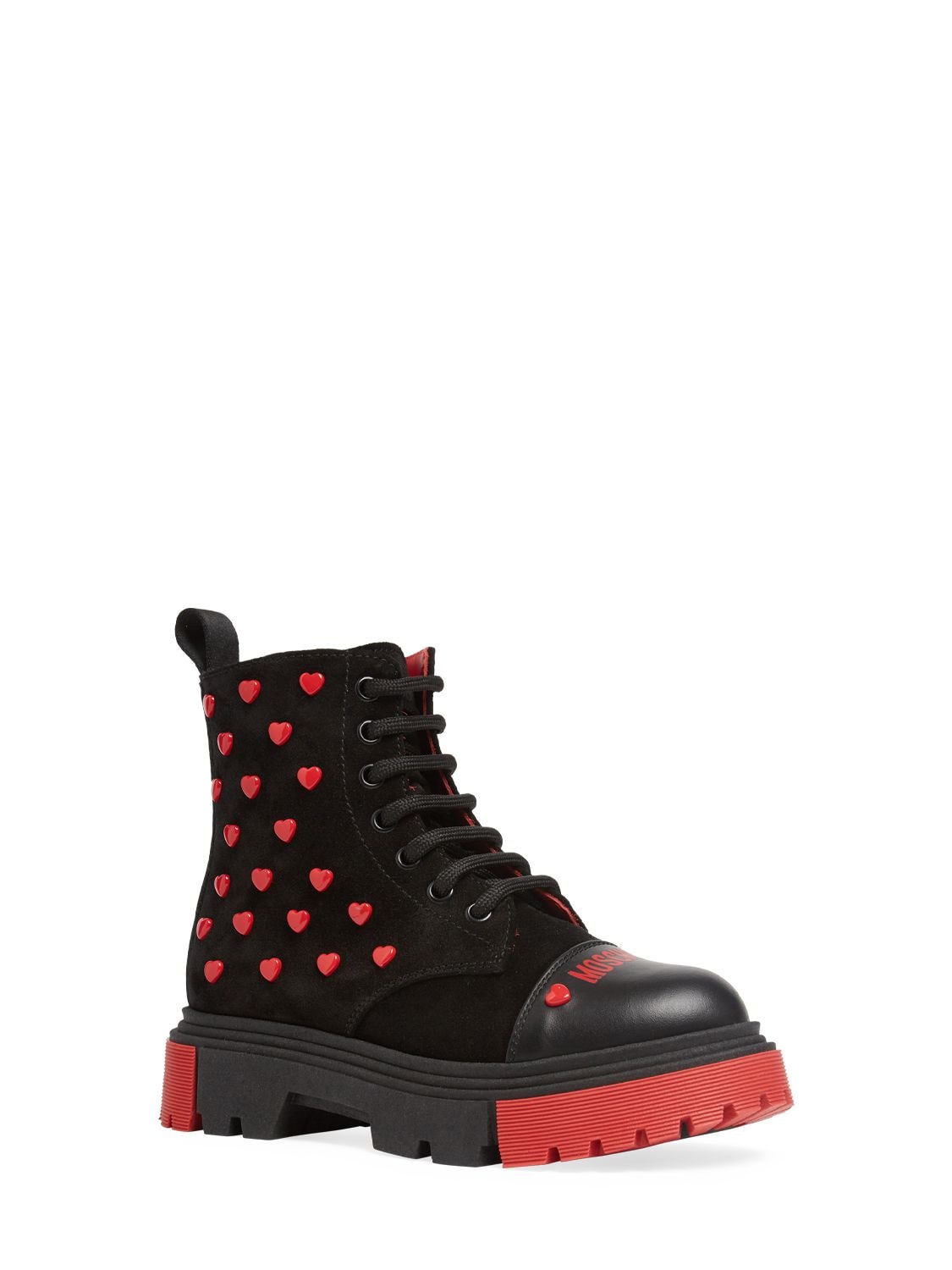 Shop Moschino Suede Combat Boots W/hearts In Black,red