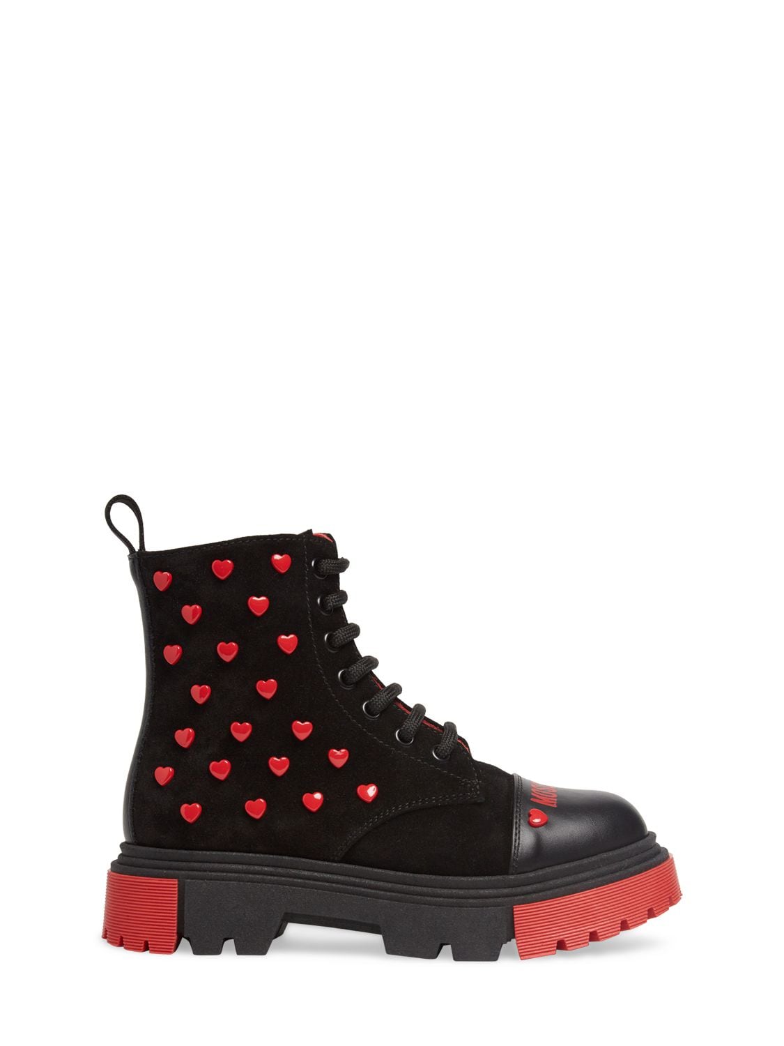 Moschino Kids' Suede Combat Boots W/hearts In Black,red