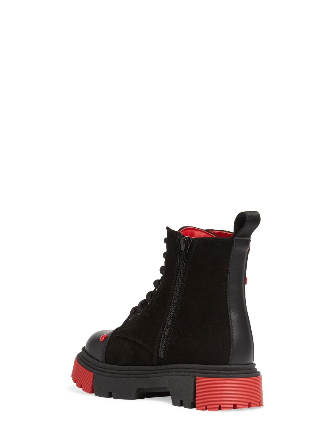 Shop Moschino Suede Combat Boots W/hearts In Black,red