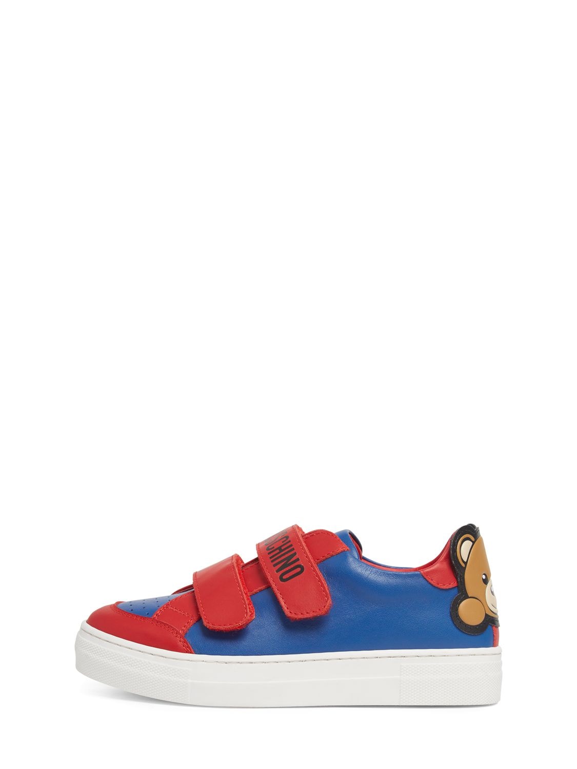 Moschino Kids' Leather Strap Sneakers W/logo In Blue,red