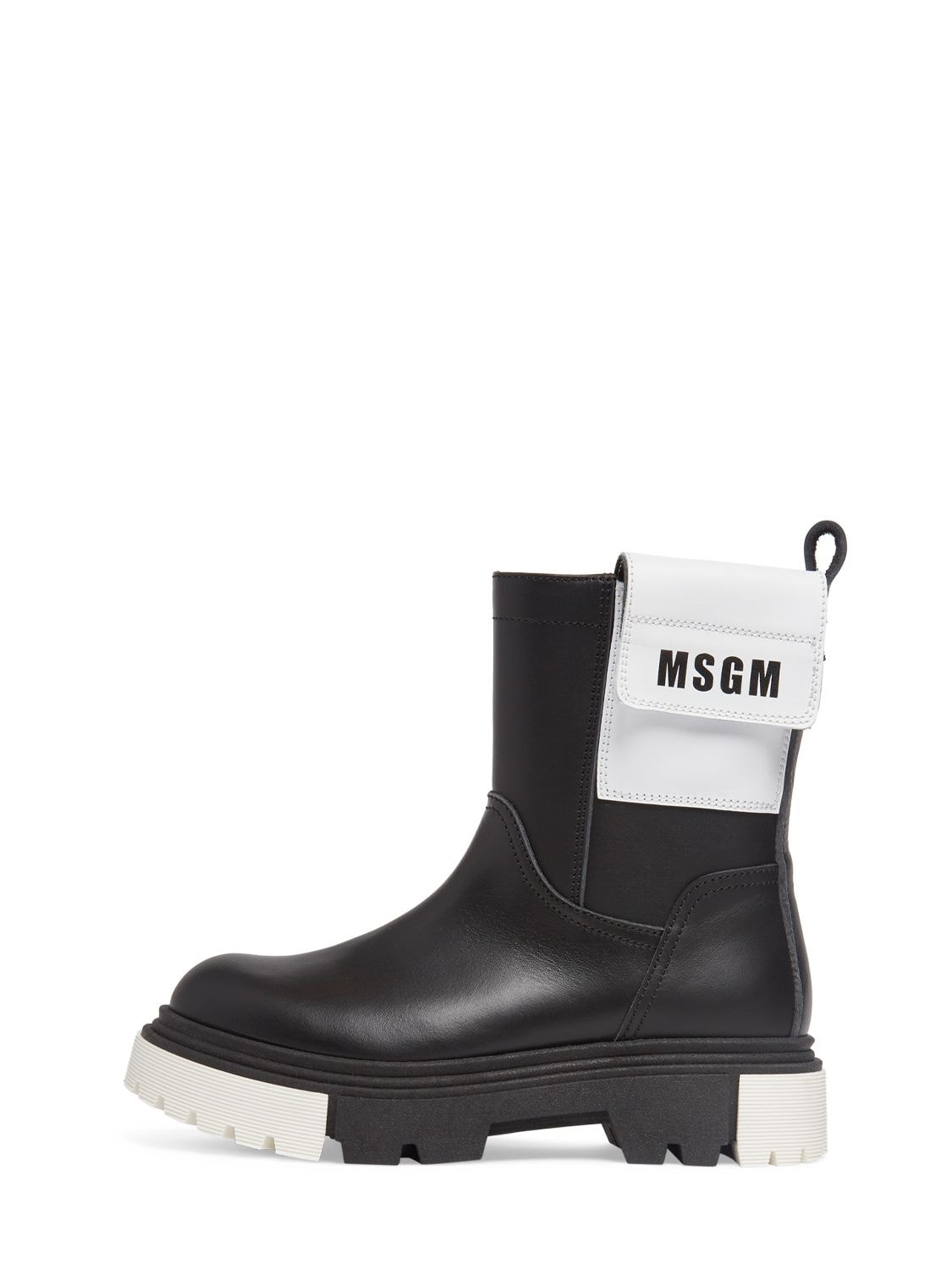 Msgm Kids' Leather High Boots W/logo Pocket In Black