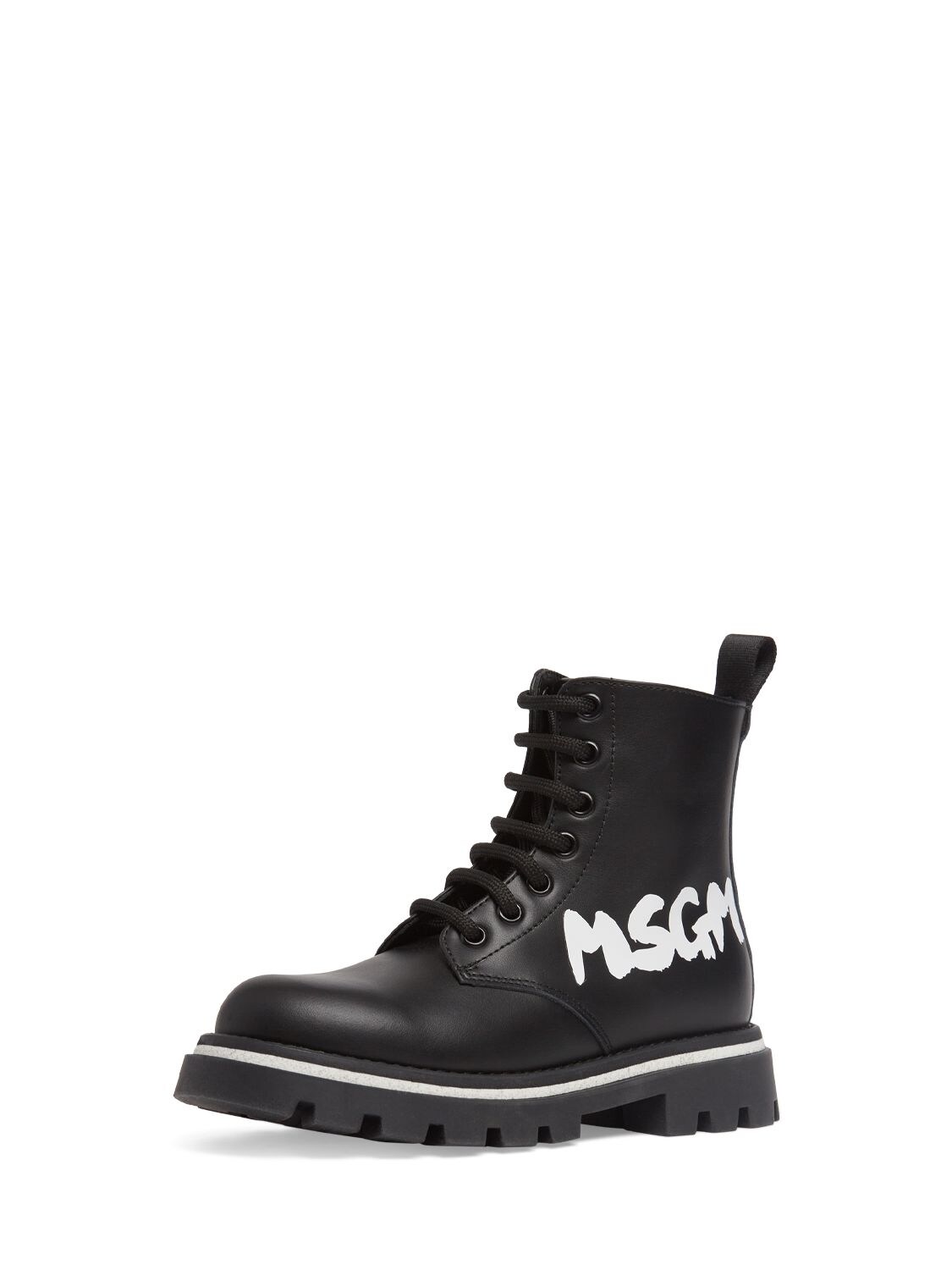 Shop Msgm Leather Combat Lace-up Boots W/logo In Black
