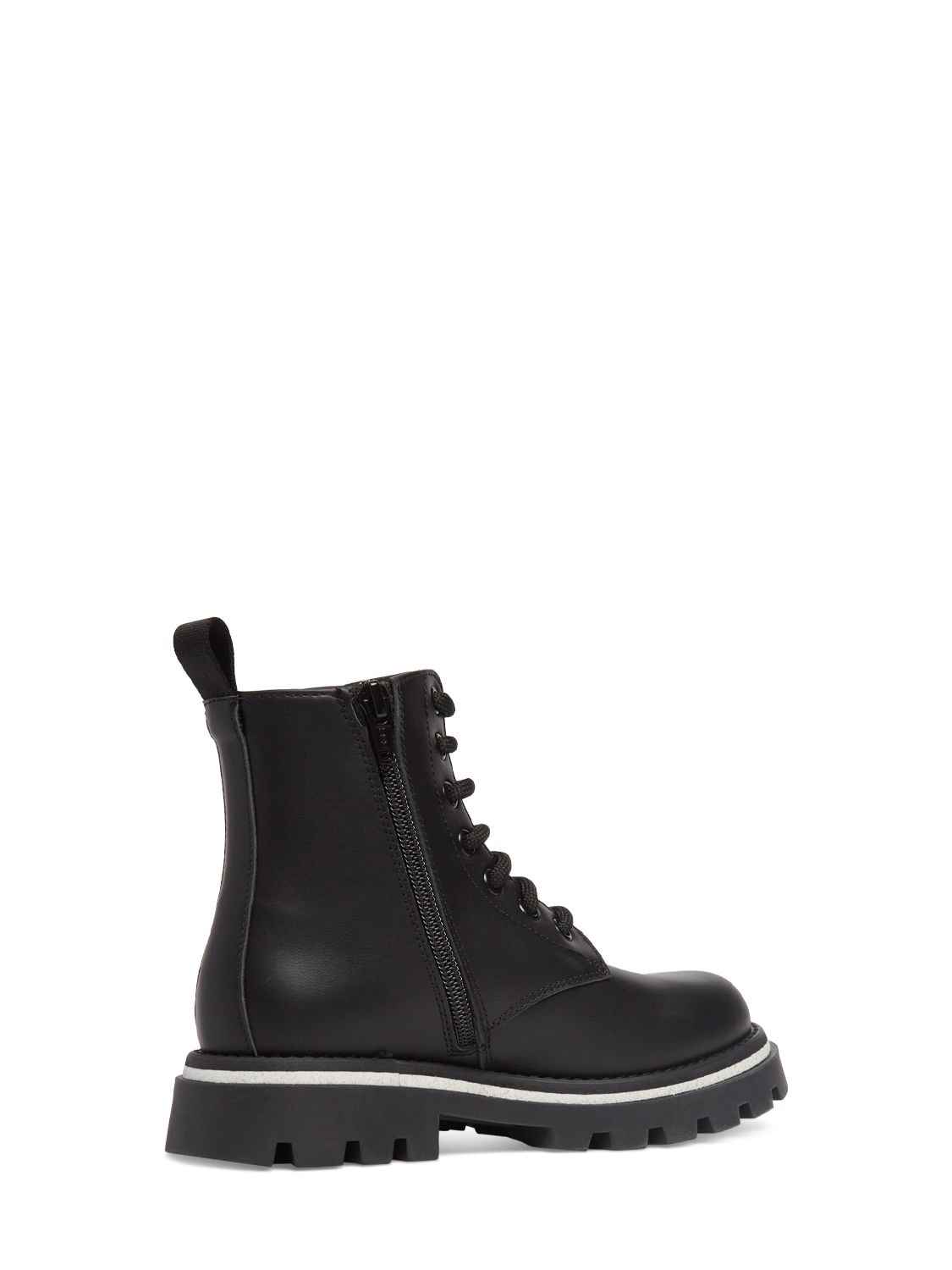 Shop Msgm Leather Combat Lace-up Boots W/logo In Black