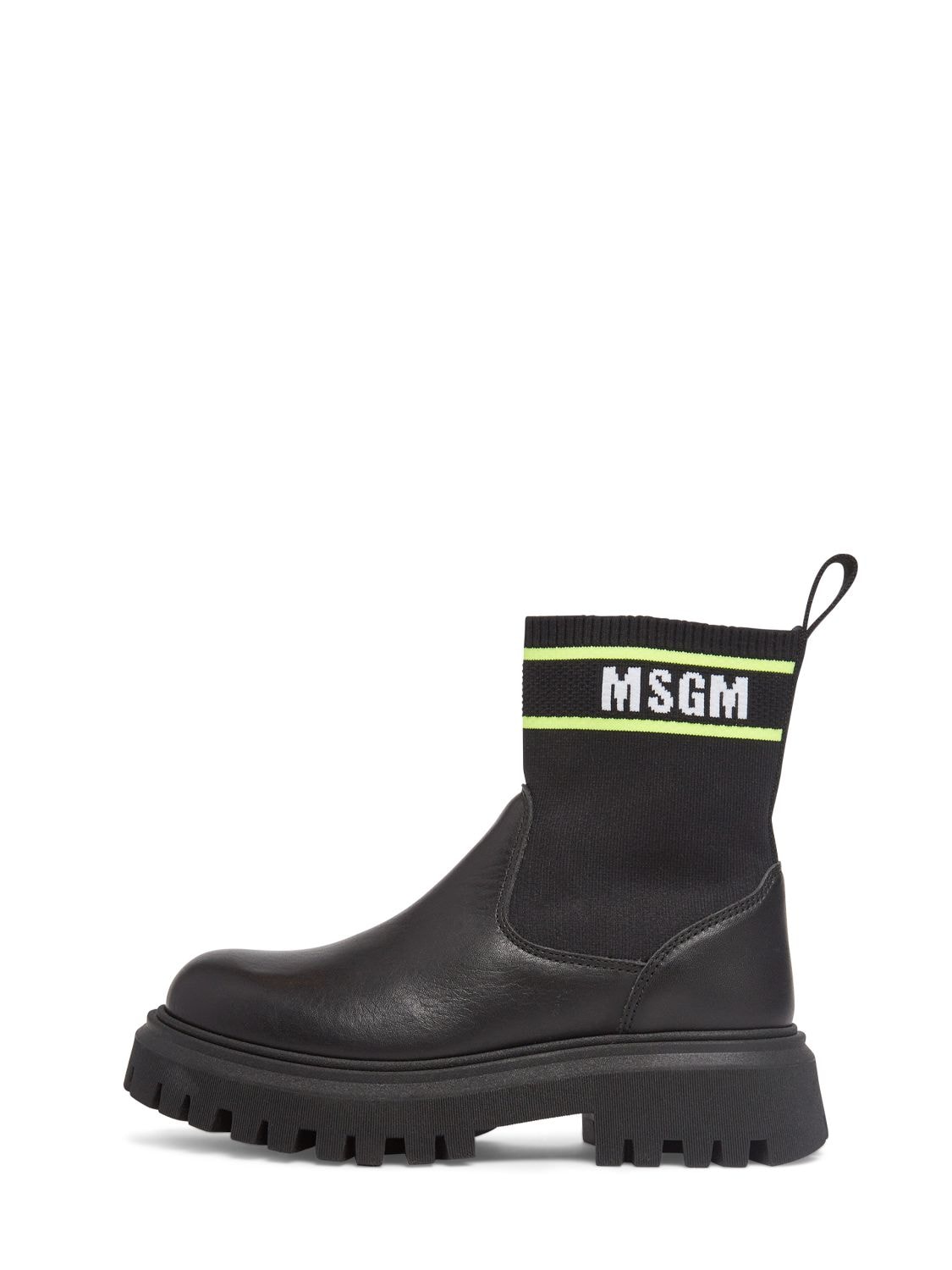 Msgm Kids' Logo皮革&针织靴子 In Black