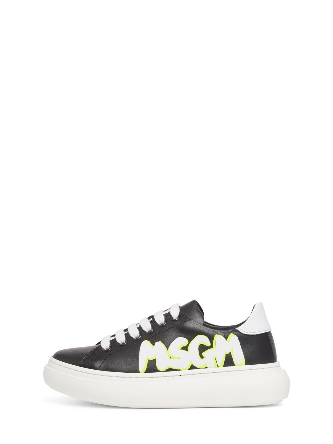Msgm Kids' Logo Print Leather Lace-up Sneakers In Black